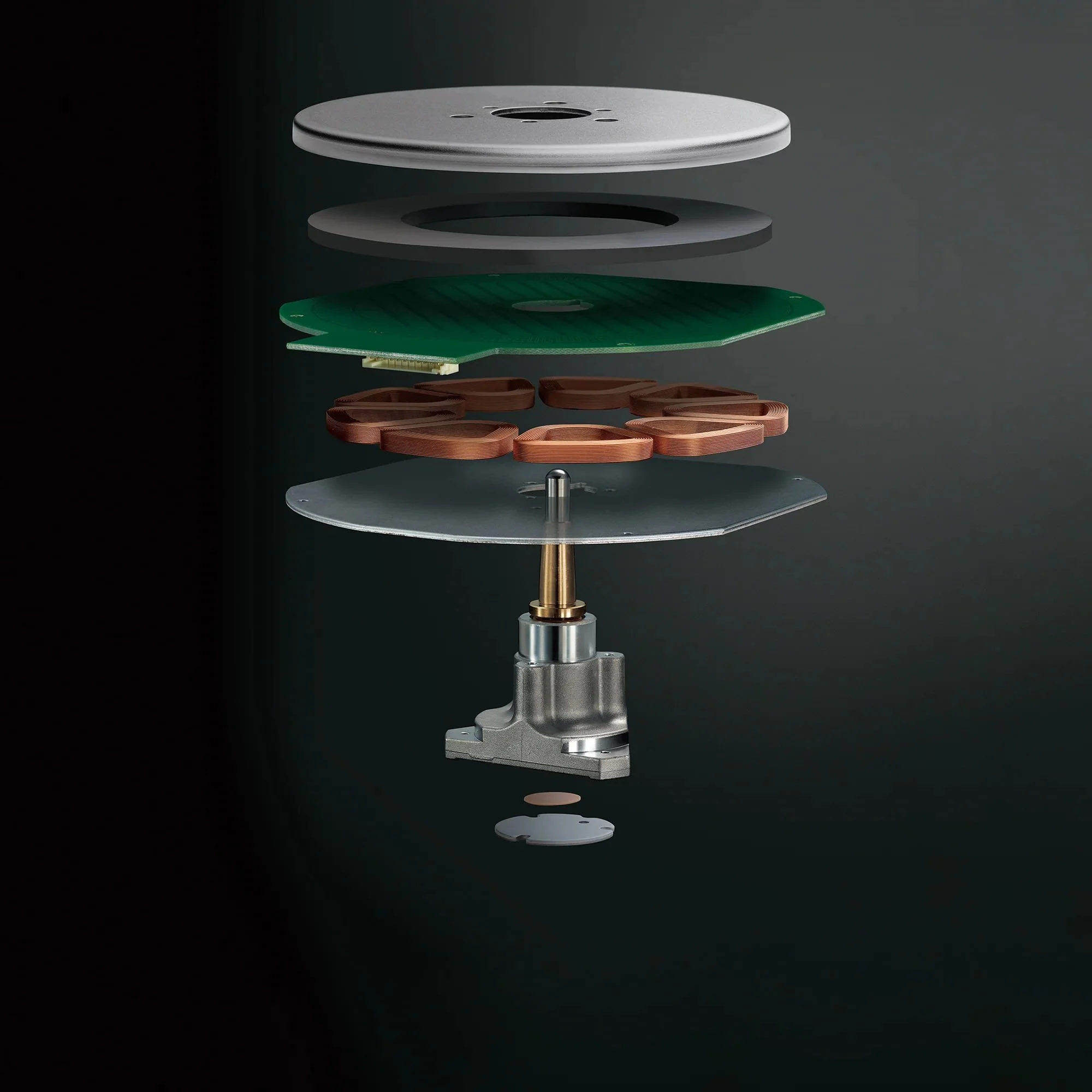 Exploded view of the Technics direct-drive motor assembly.