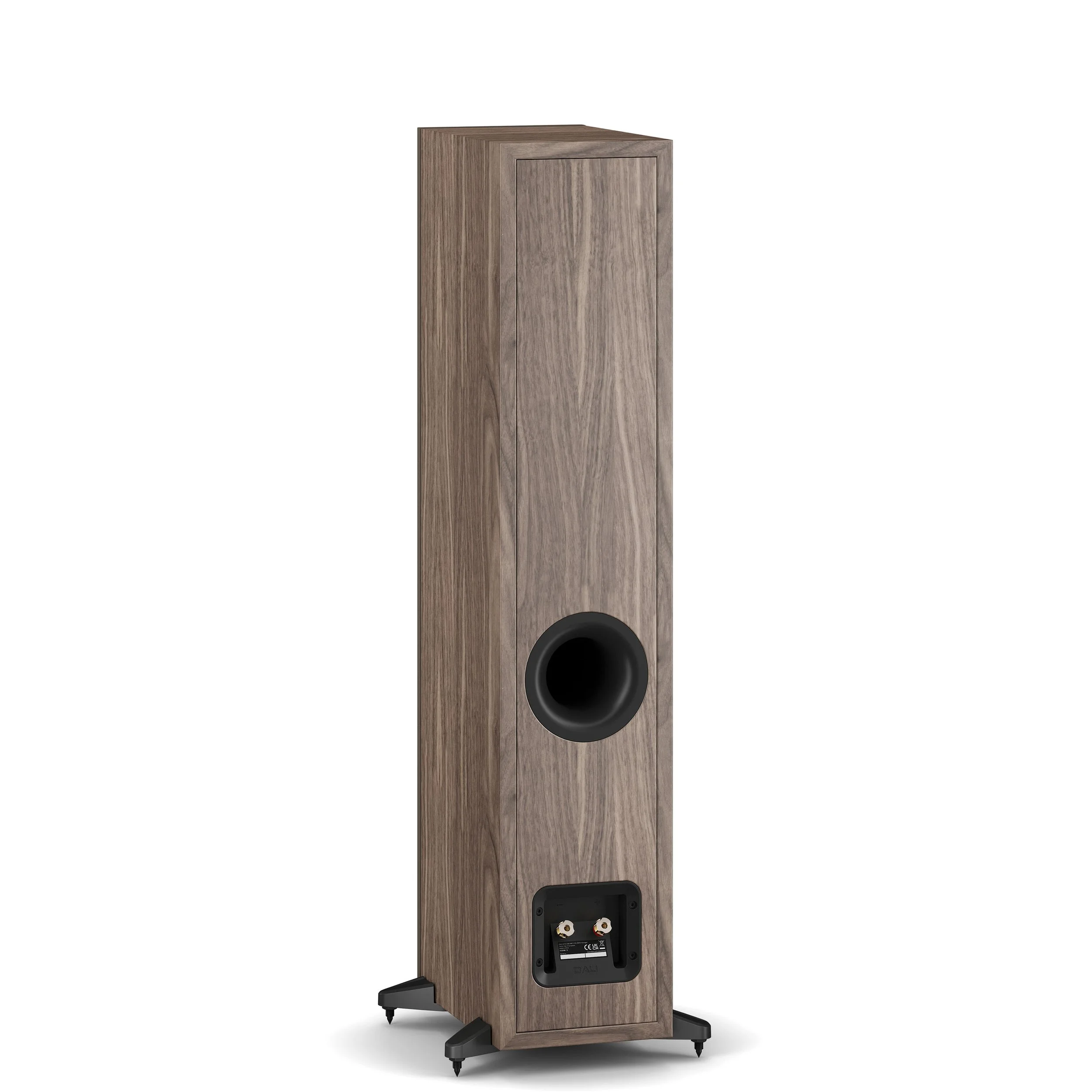 Back view of the DALI Sonik 5 floorstanding speaker showing gold binding post connectors and rear port.