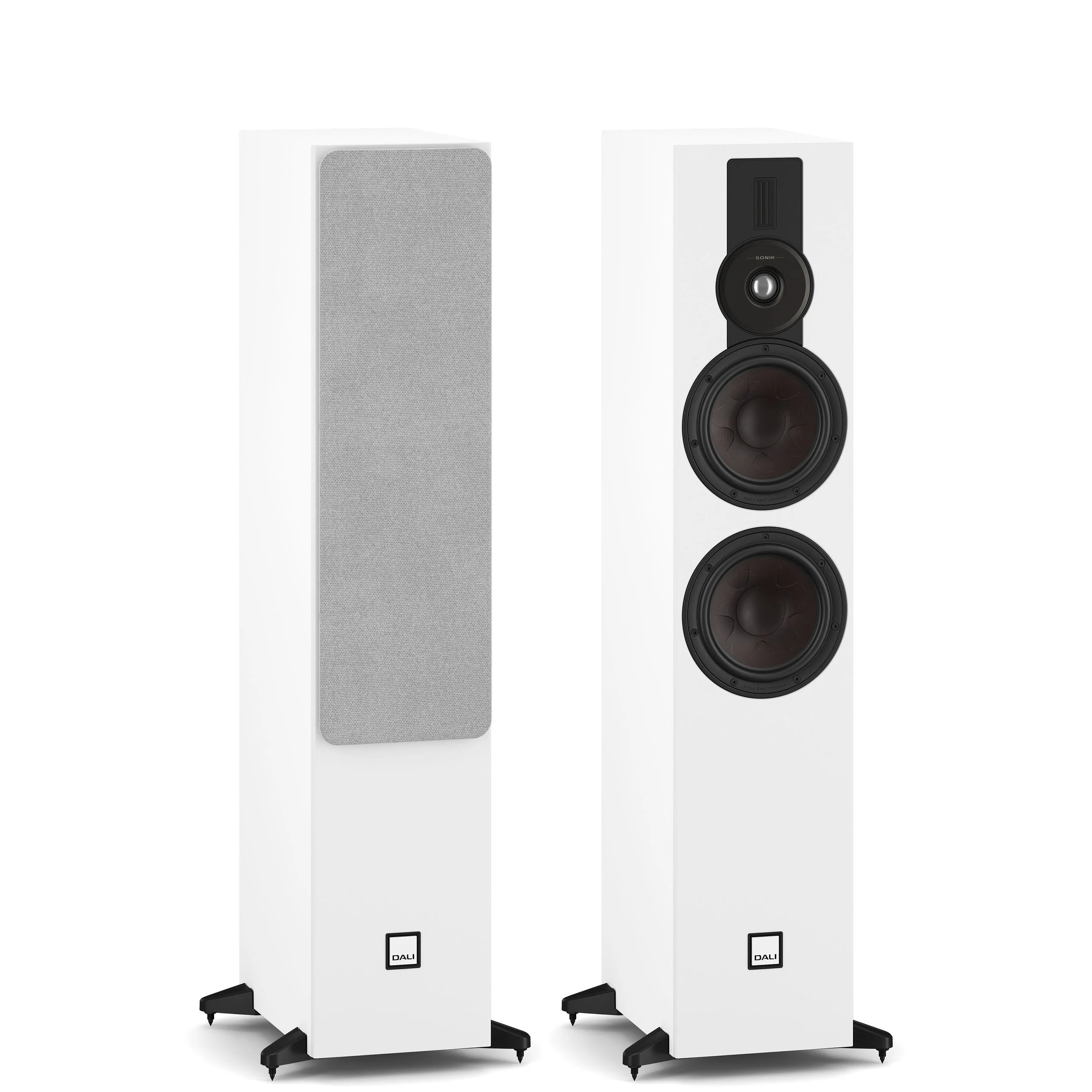 DALI Sonik 7 floorstanding speaker with hybrid planar/dome tweeter shown in white.