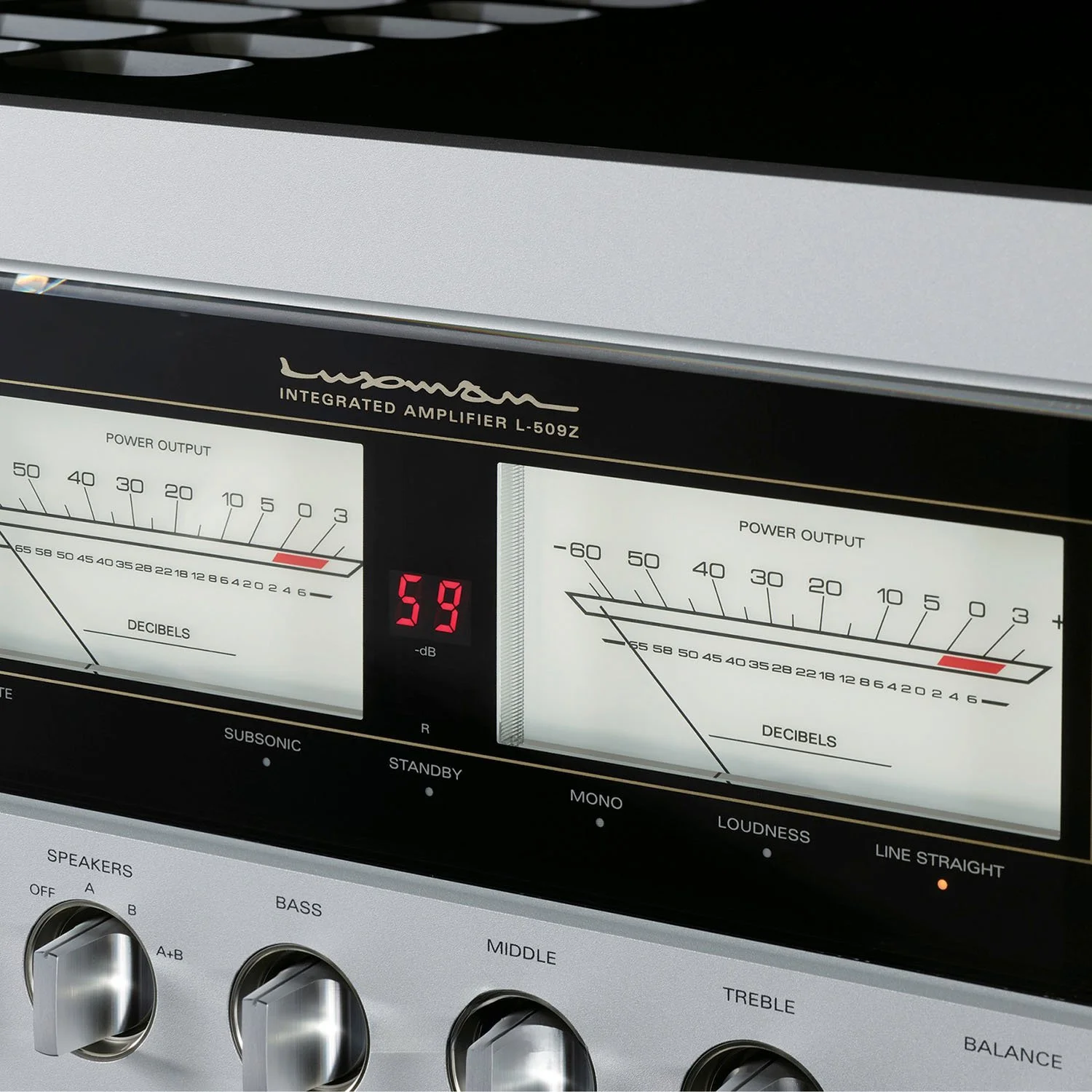Close-up detail of the VU meters on the front of the Luxman L-509Z.