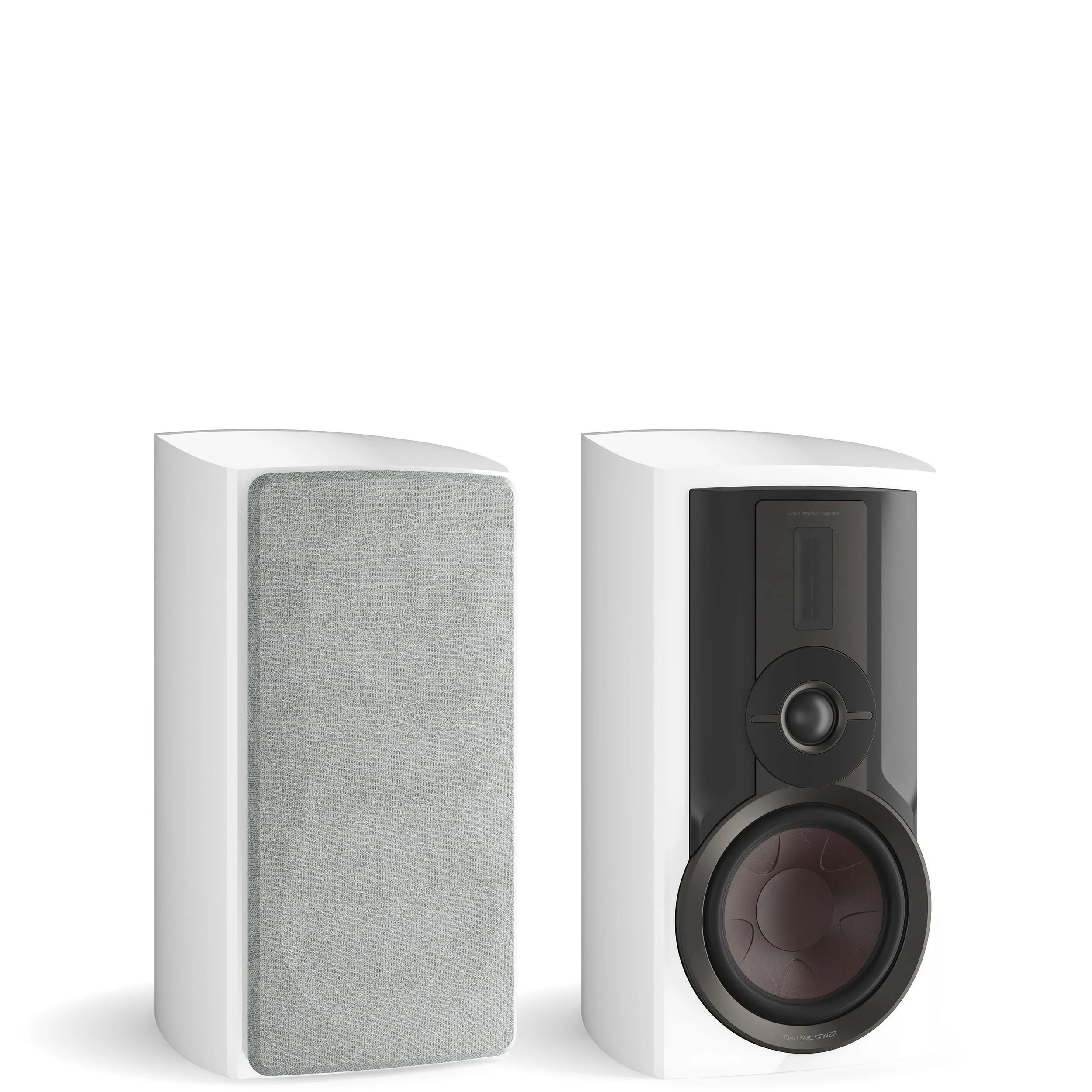 DALI Epikore 3 high-end standmount speaker shown in high gloss white.