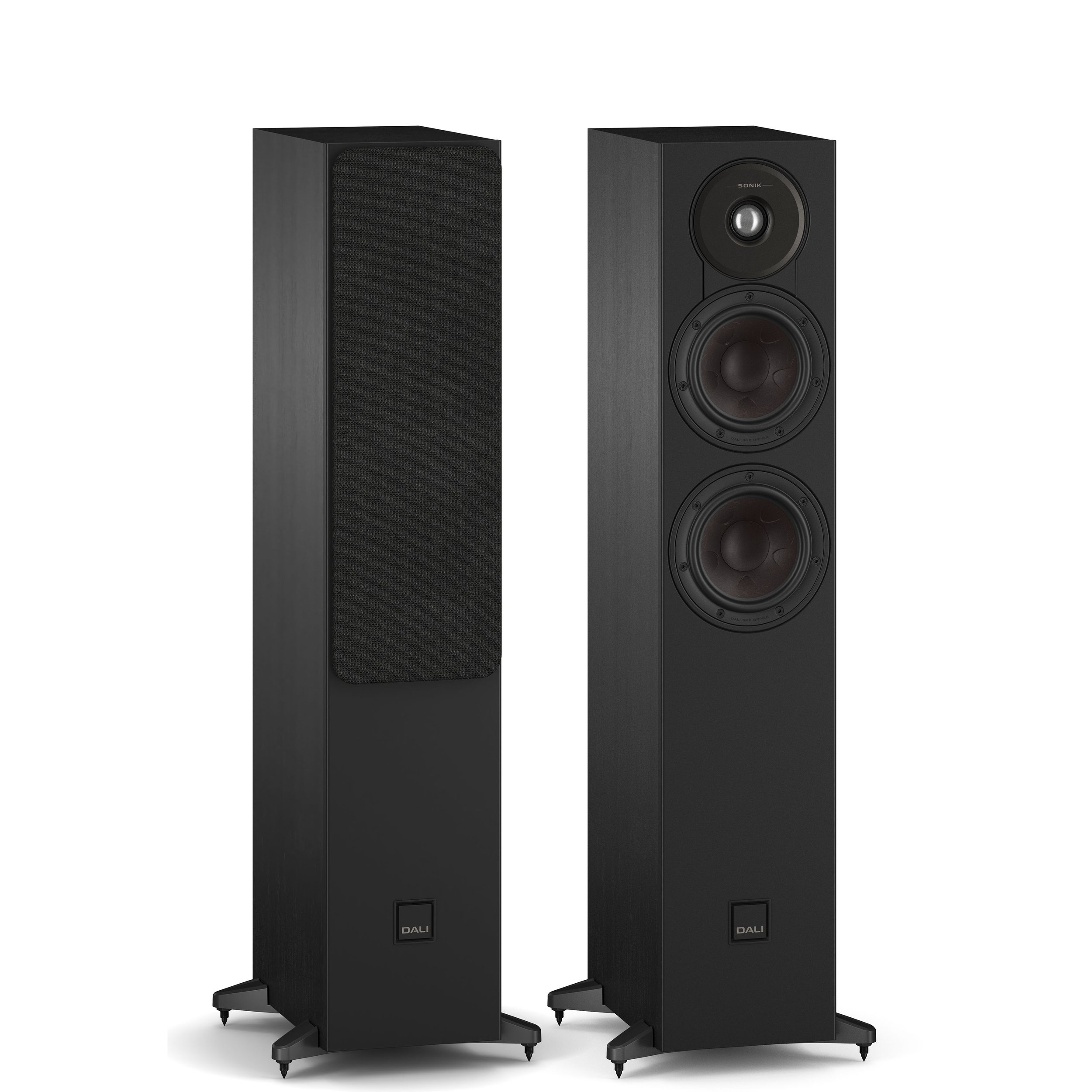 DALI Sonik 5 compact floorstanding speakers shown in black ash.