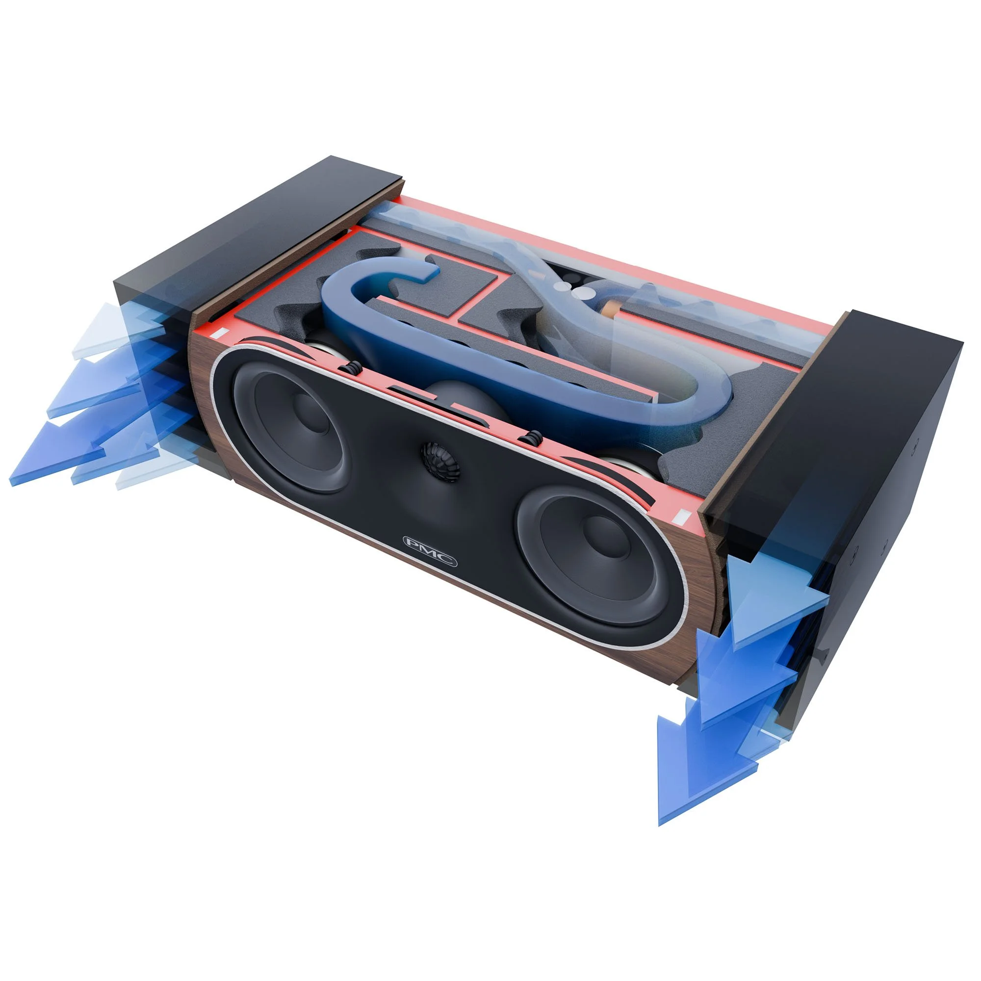 Cutaway view of the PMC prophecyC centre channel speaker showing transmission line bass loading.