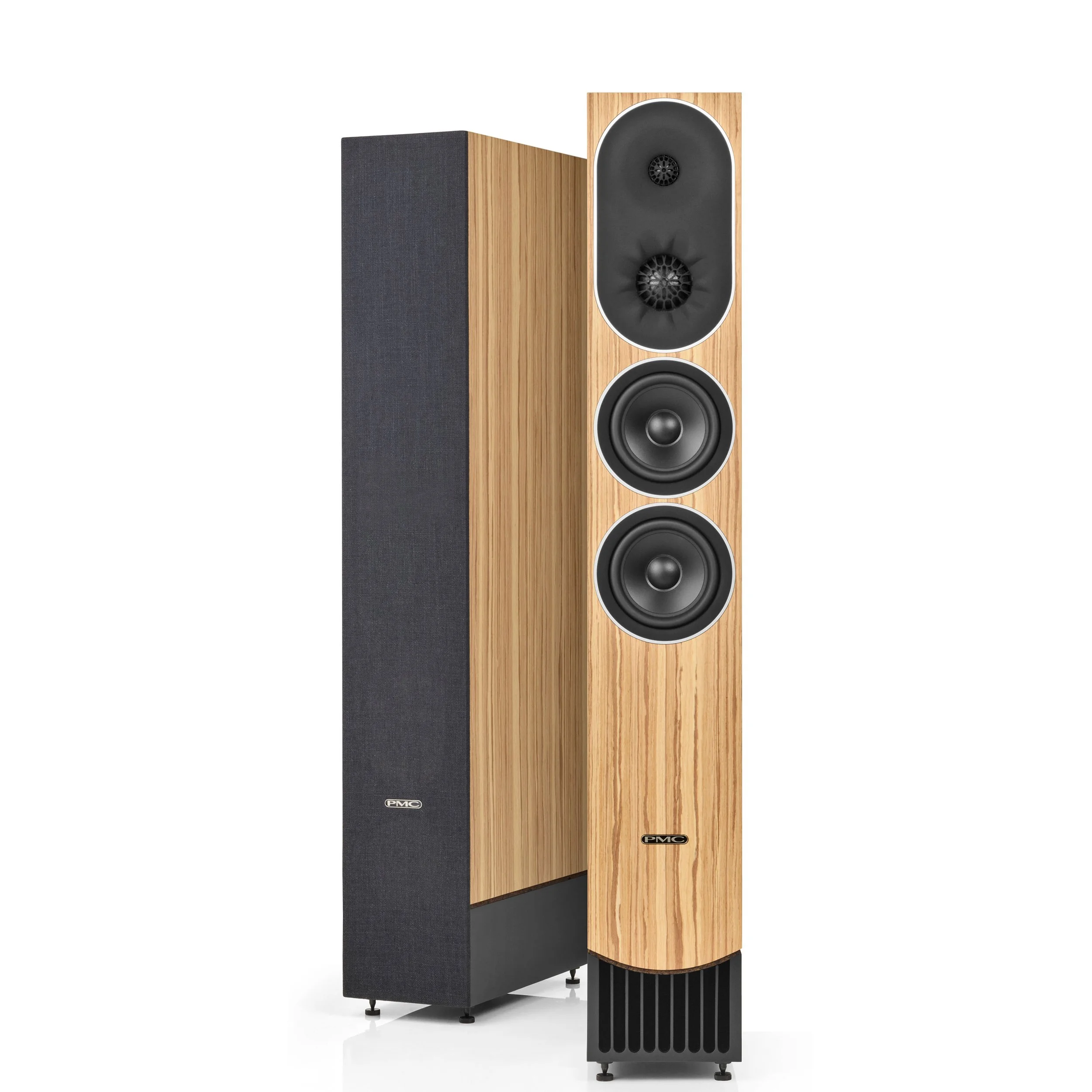 PMC prophecy9 floorstanding speakers with transmission line bass loading shown in the Mediterranean Oak finish.