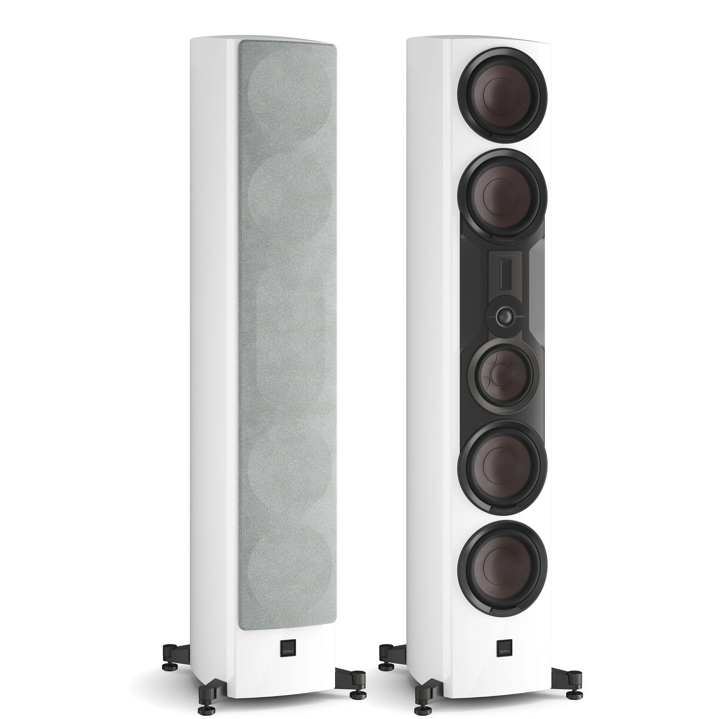 DALI Epikore 11 floorstanding speakers shown in high gloss white.