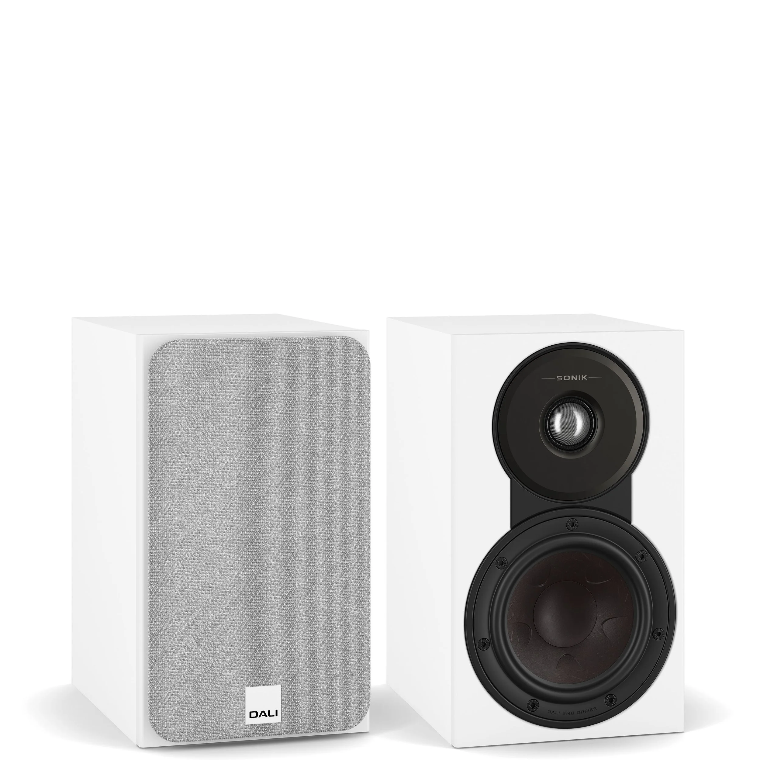 DALI Sonik 1 bookshelf speakers shown in white.
