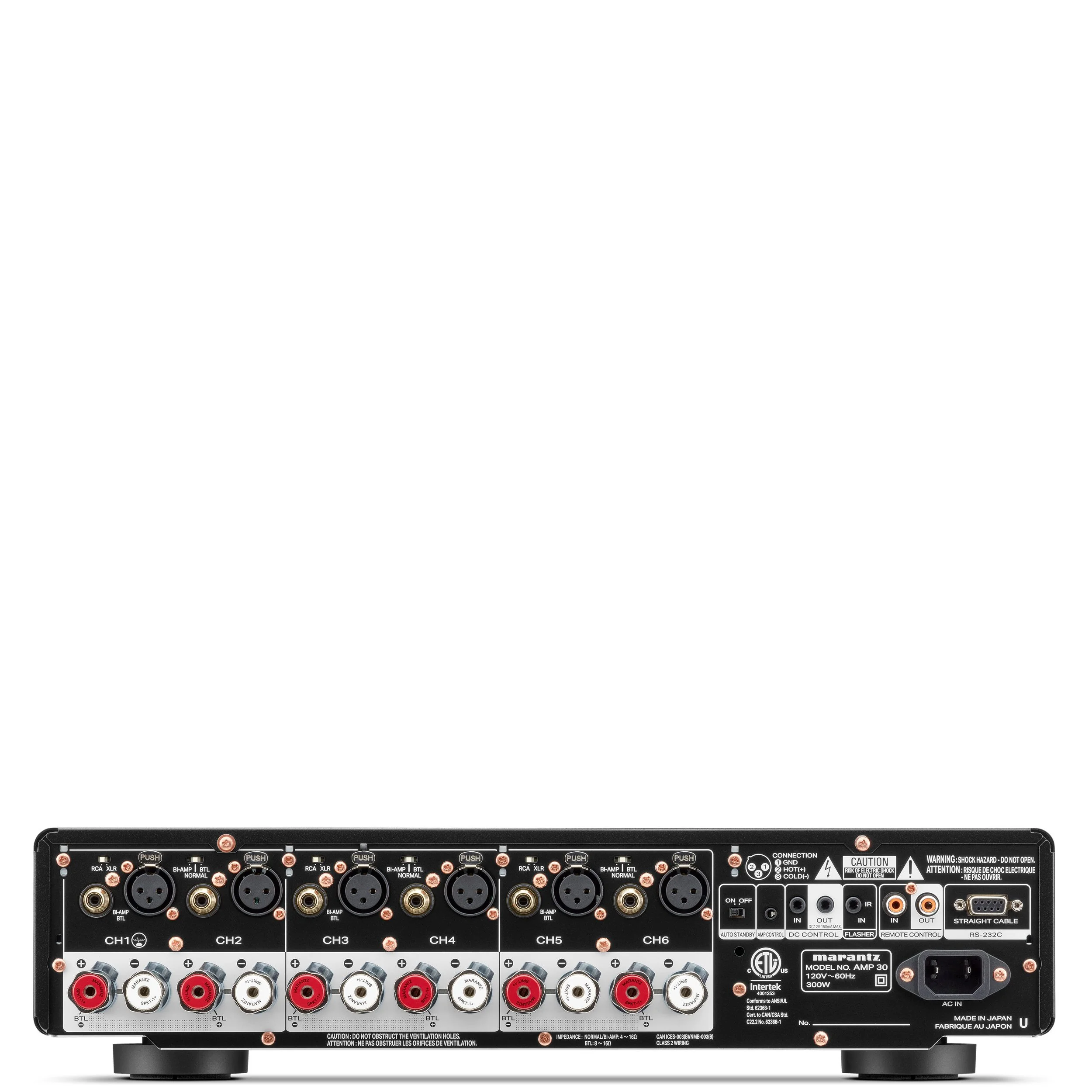 Back view of the Marantz AMP 30 6-channel power amplifier showing signal and speaker connections.