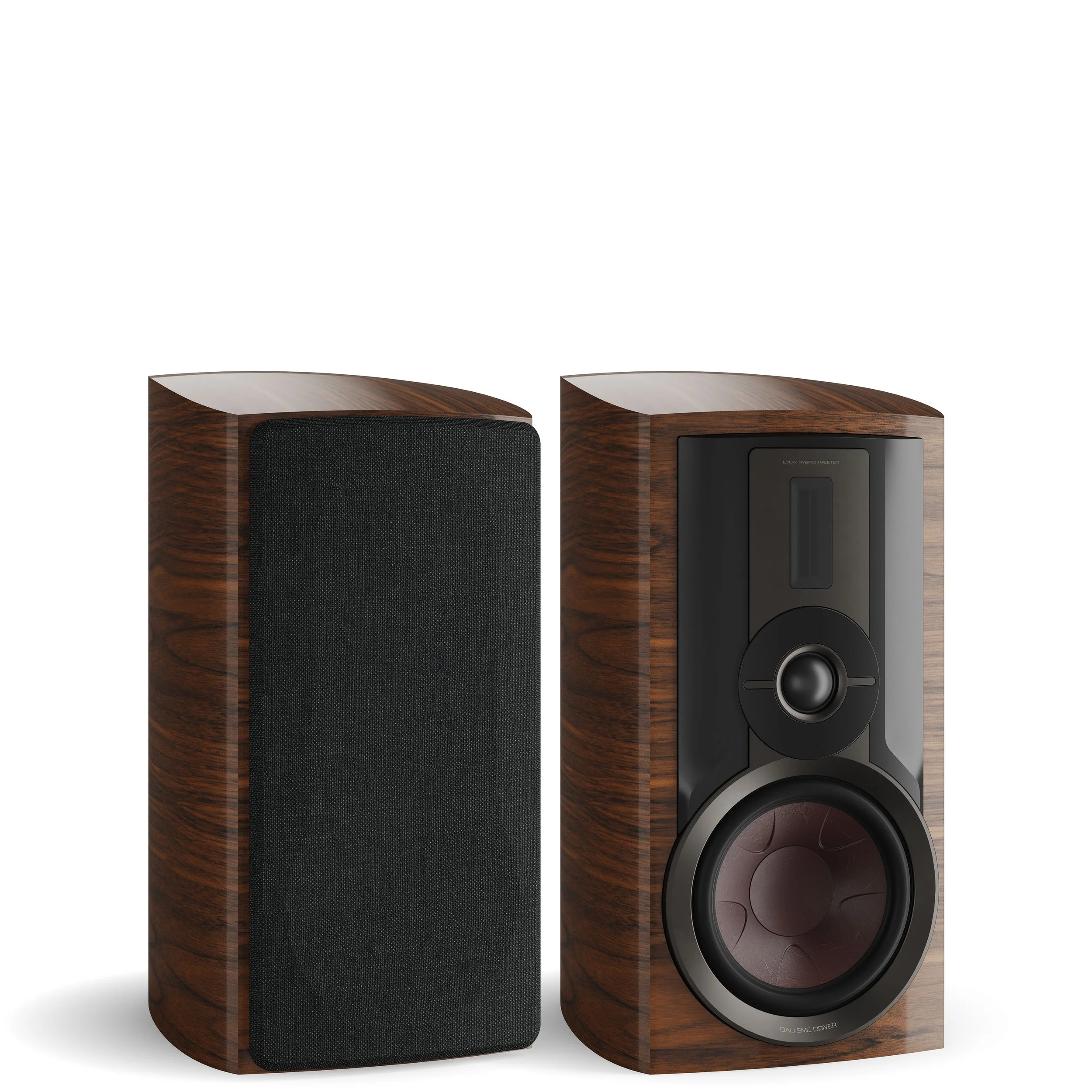 DALI Epikore 3 bookshelf speaker shown in high gloss walnut.