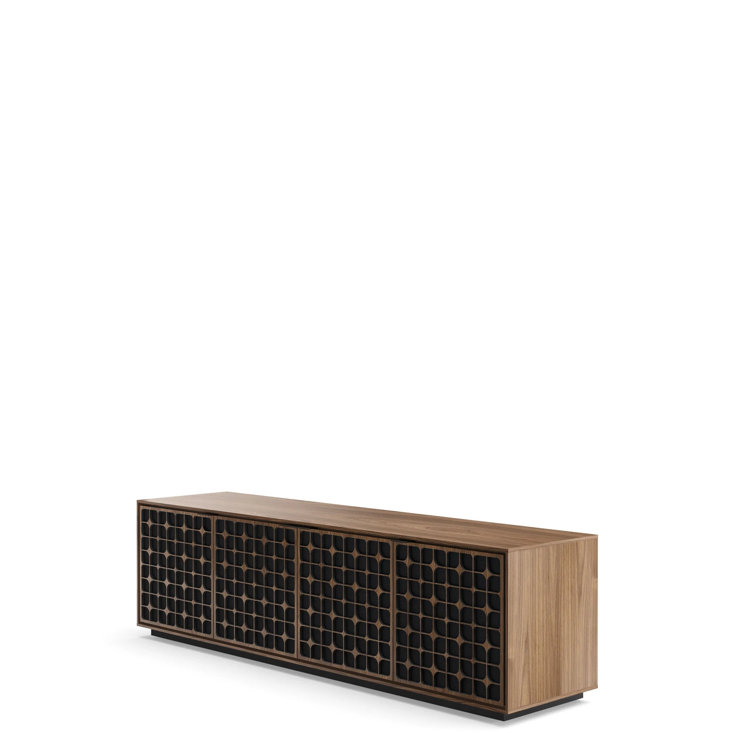 Angled view of the BDI Elements 8703-CS media cabinet shown in natural walnut.
