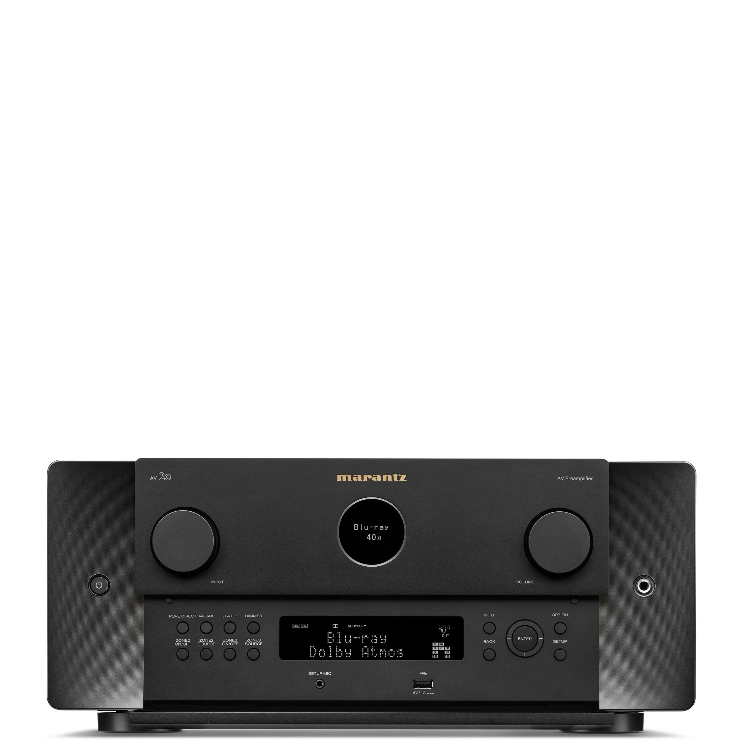 Front view of the Marantz AV 20 reference AV processor shown with door open.