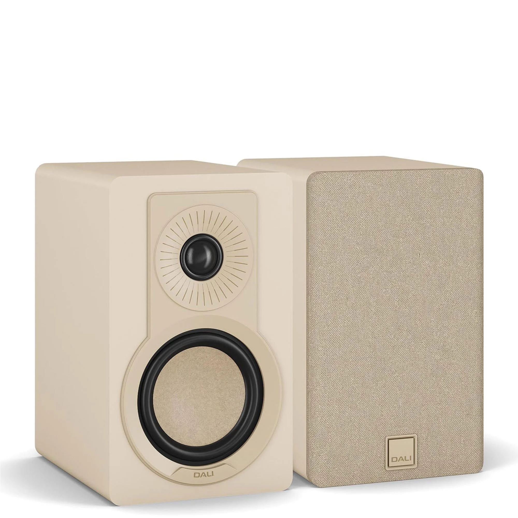 DALI Kupid ultra-compact bookshelf speakers shown in caramel white.