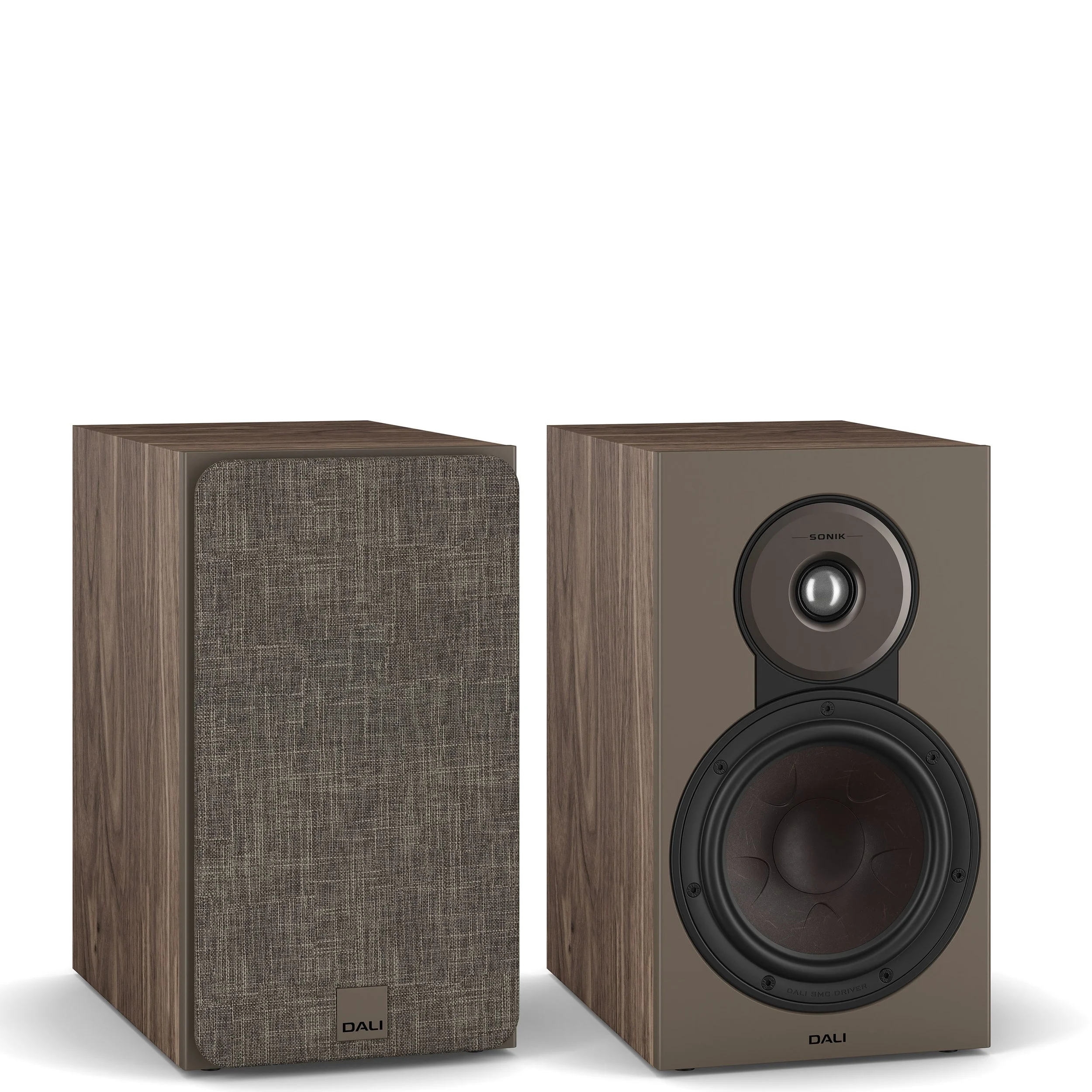 DALI Sonik 3 bookshelf speakers shown in walnut.