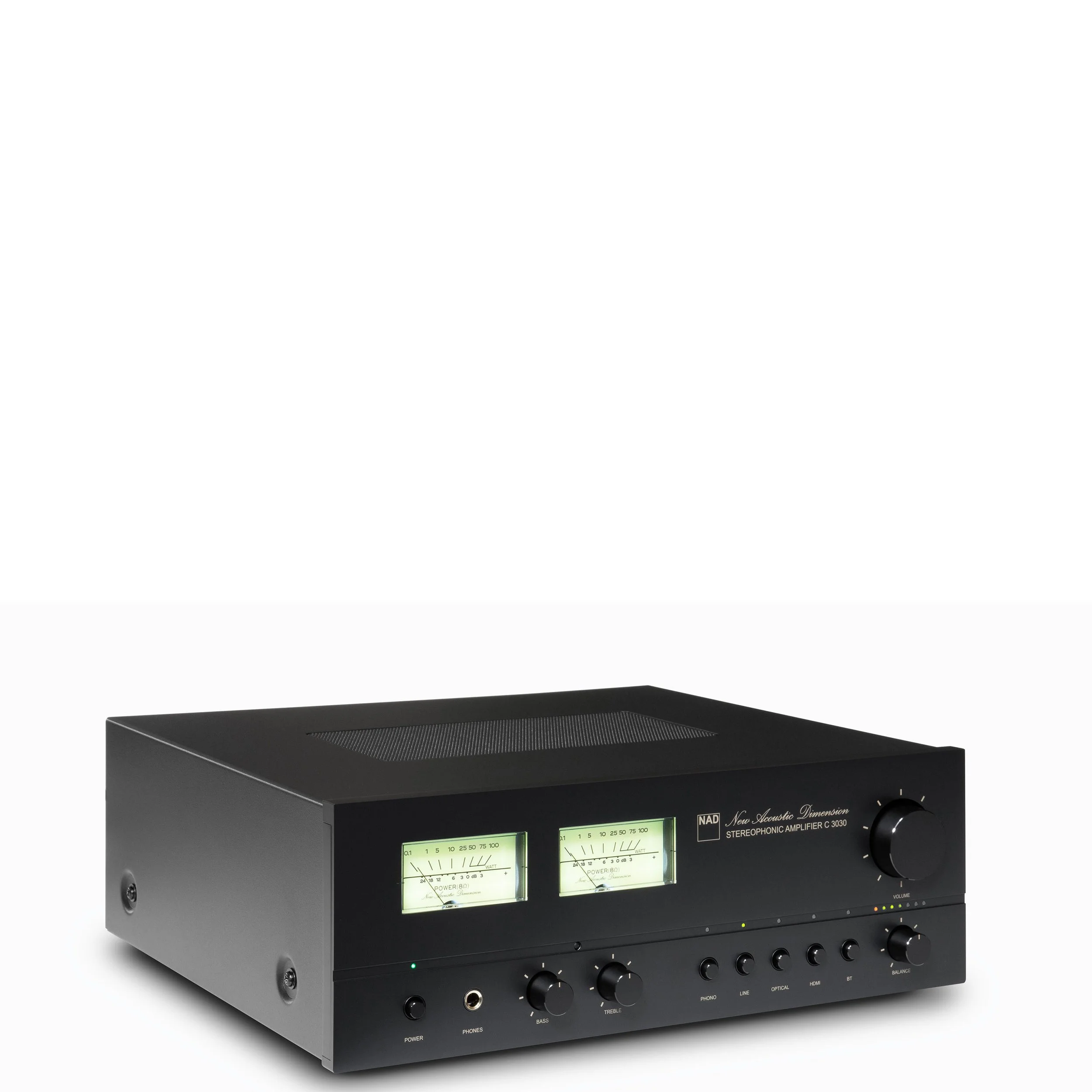 Angled view of the NAD C 3030 integrated amplifier.