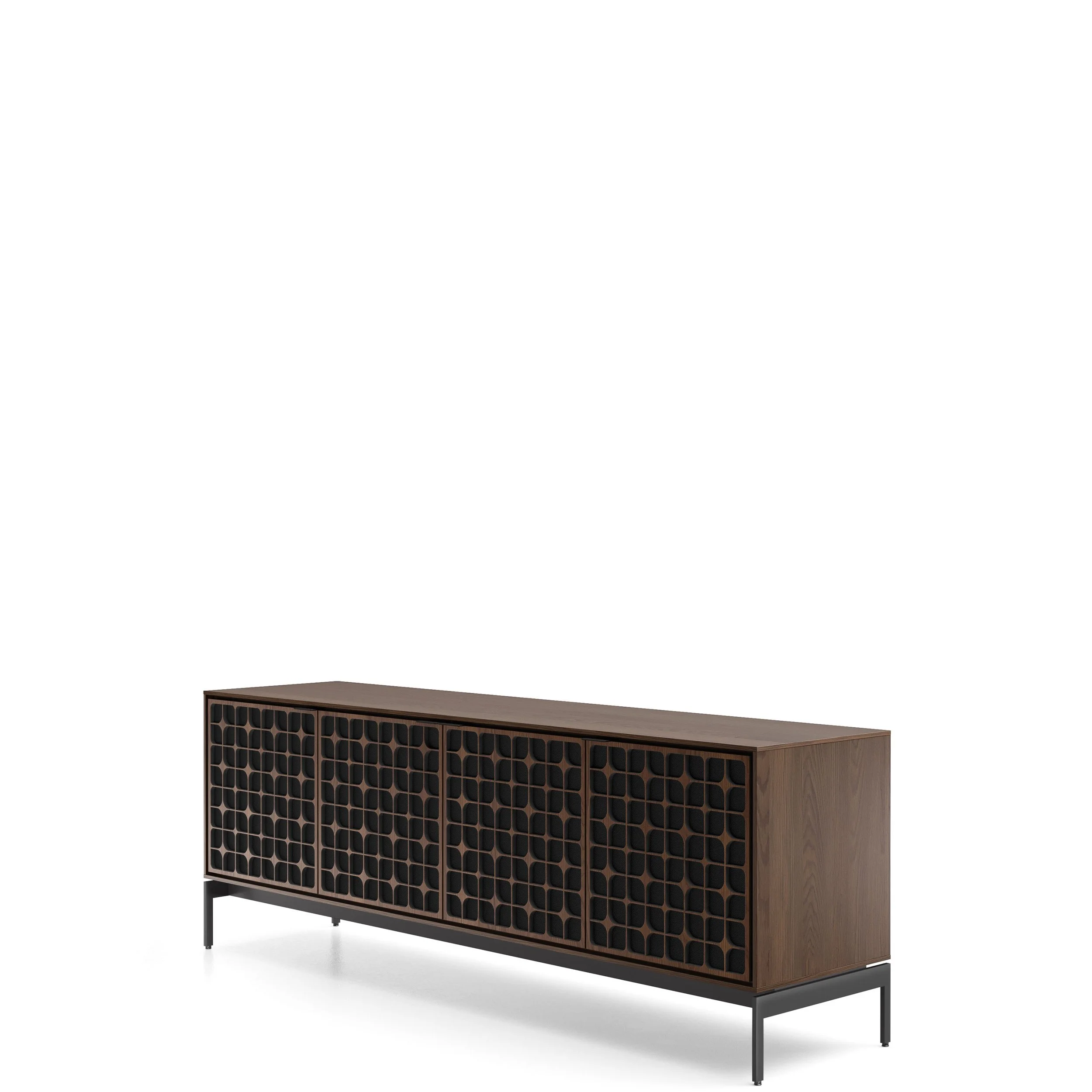 Angled view of the BDI Elements 8709-CS media console shown in toasted oak.