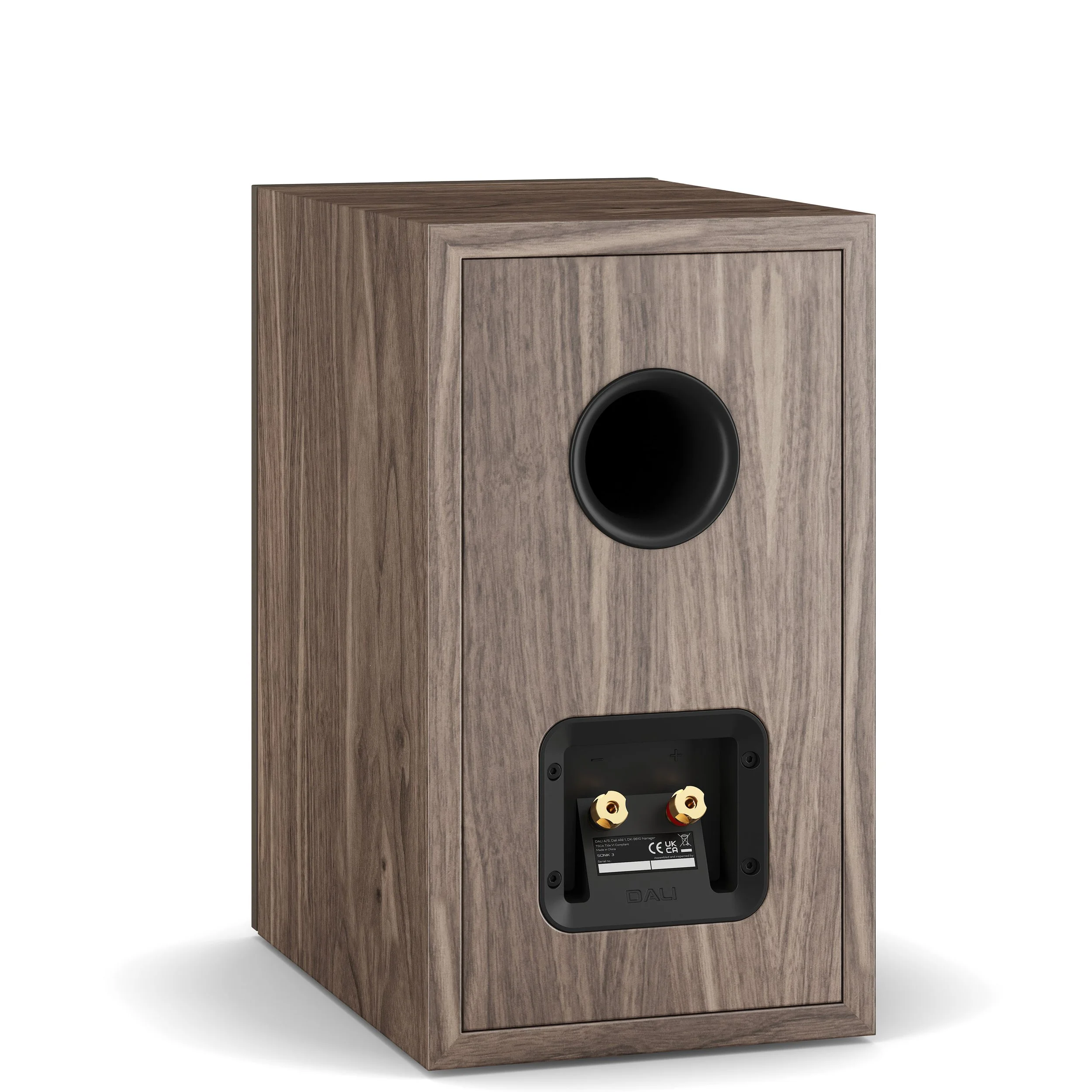 Back view of the DALI Sonik 3 bookshelf speaker showing gold binding post connectors and rear port.