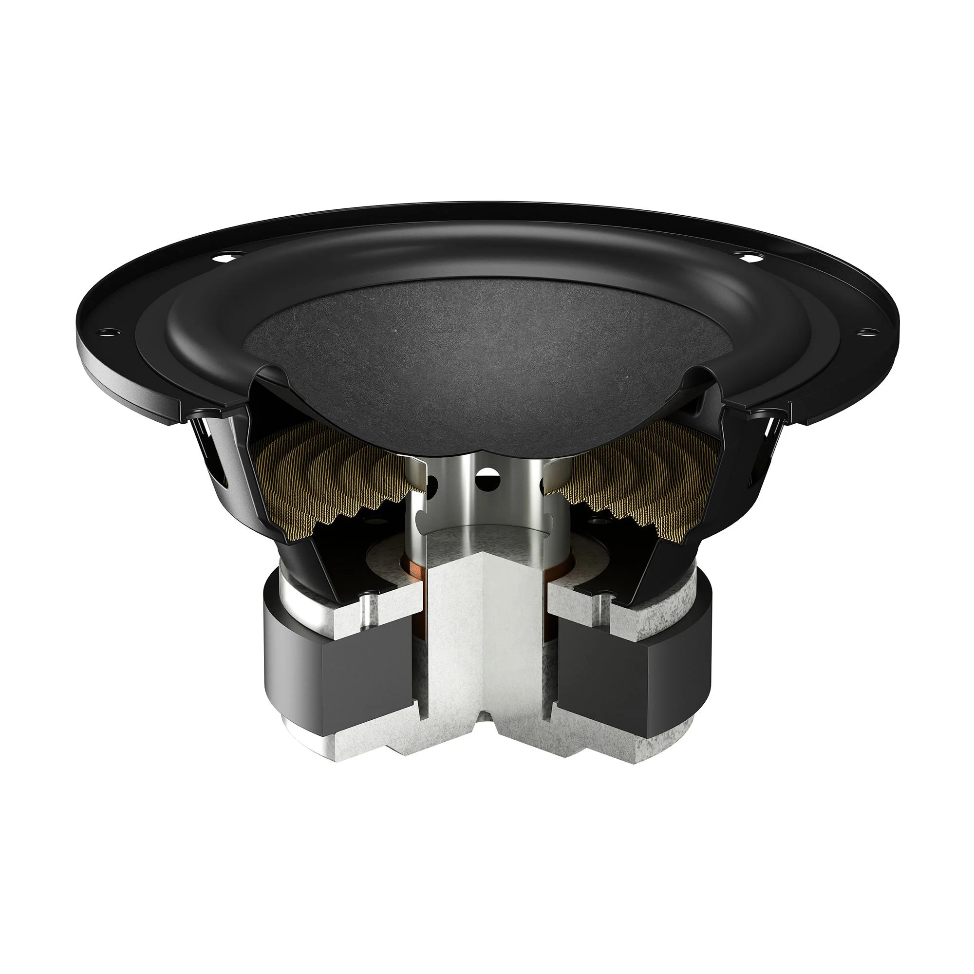 Cutaway detail of the woofer used in the DALI Kupid bookshelf speaker.
