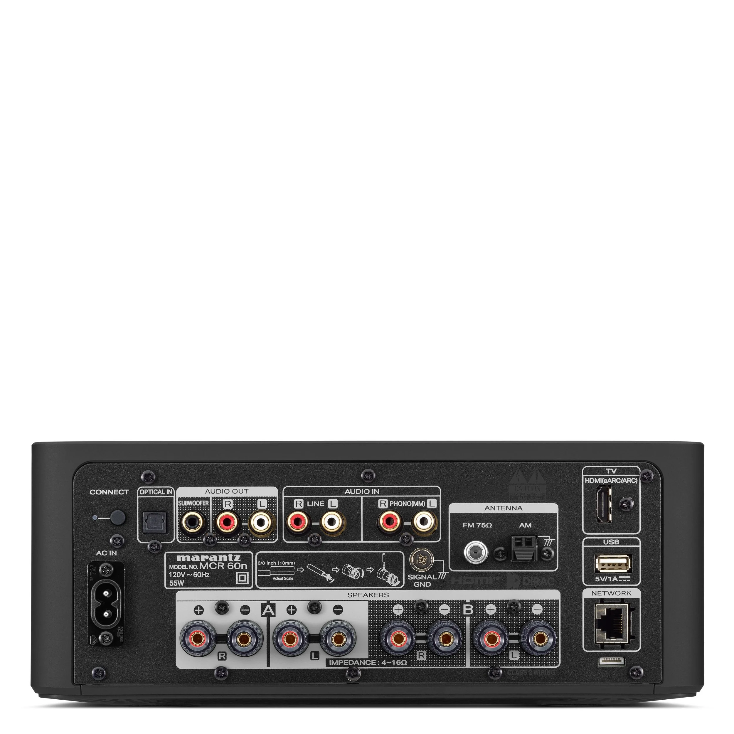 Back view of the Marantz MCR 60n showing analog, digital, phono,HDMI, and speaker connections.