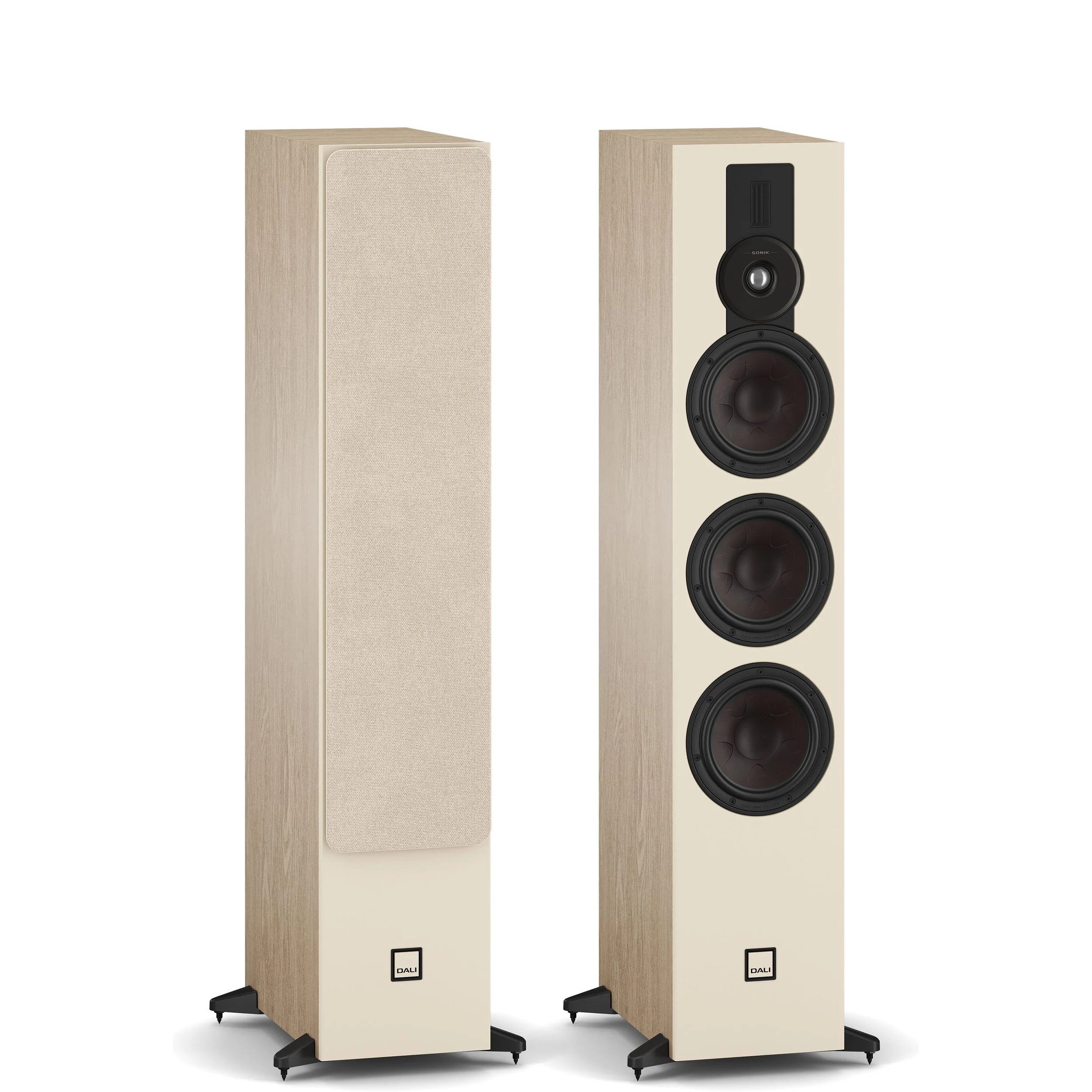 DALI Sonik 9 floorstanding speaker with hybrid planar/dome tweeter shown in natural oak.