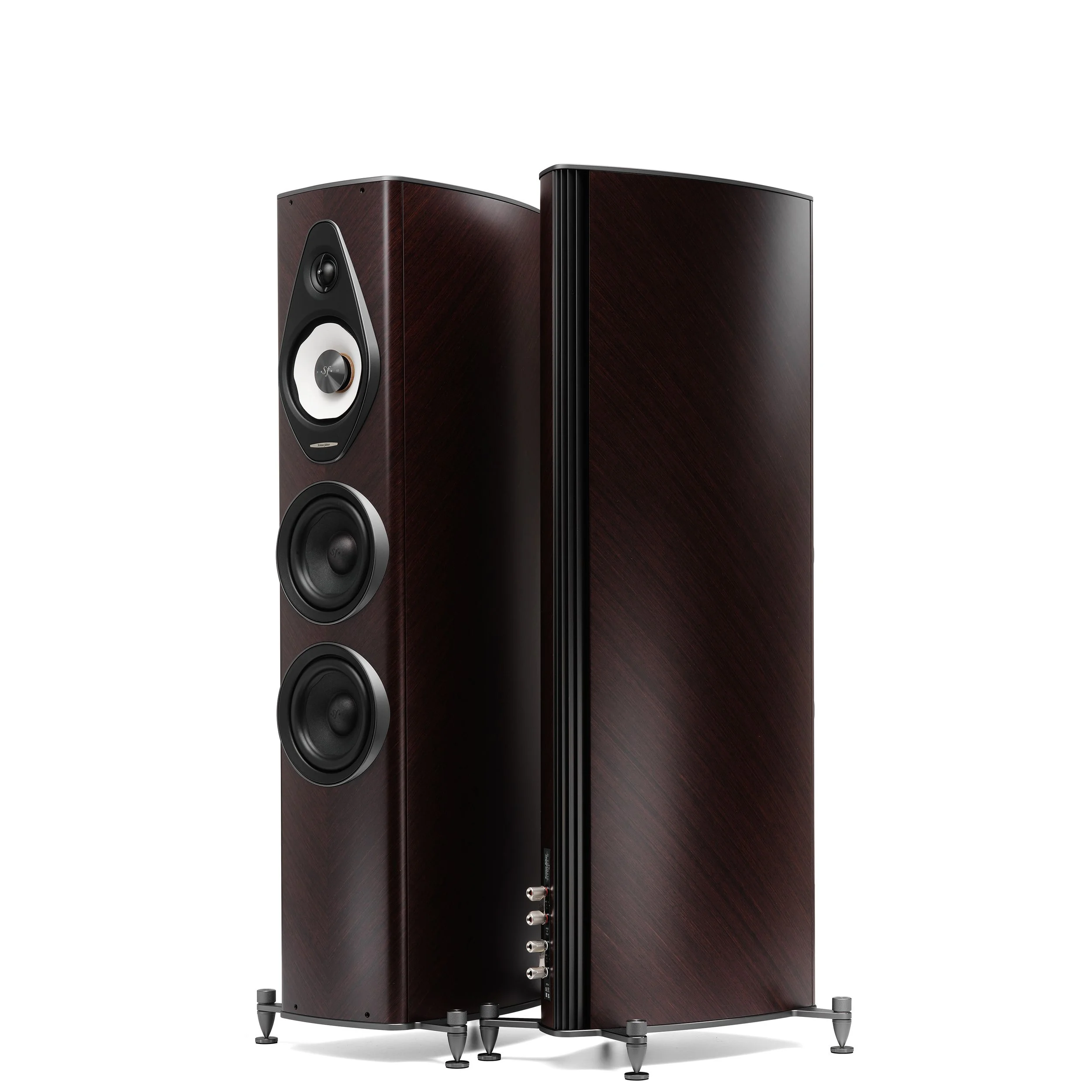 Front and back view of the Sonus faber Olympica III G3 in wenge.