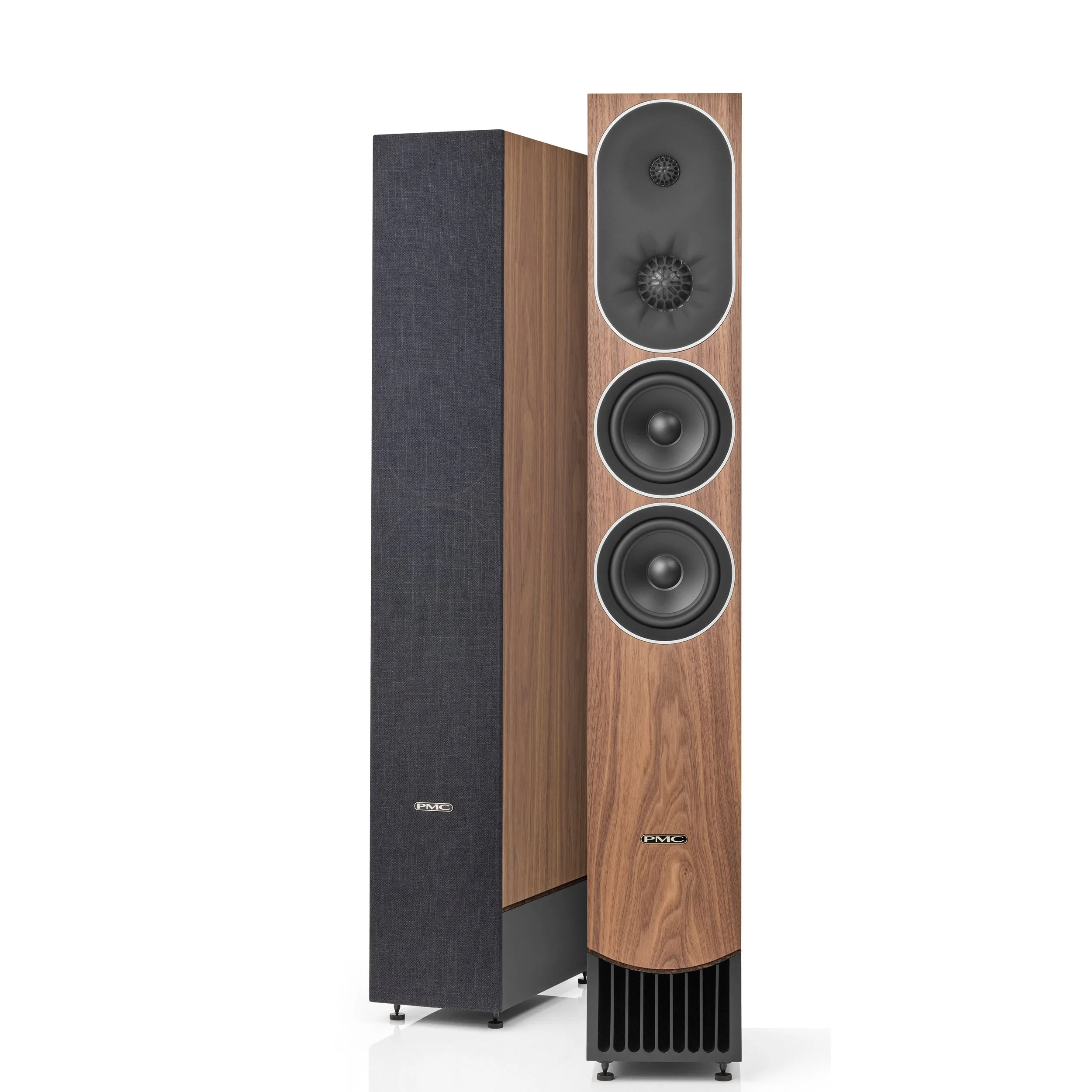 PMC prophecy9 floorstanding speakers shown in the Natural Walnut finish.
