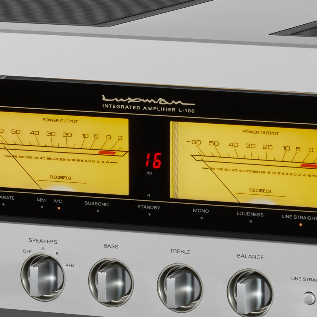 Close-up detail of the VU meters on the front of the Luxman L-100 Centennial integrated amplifier.