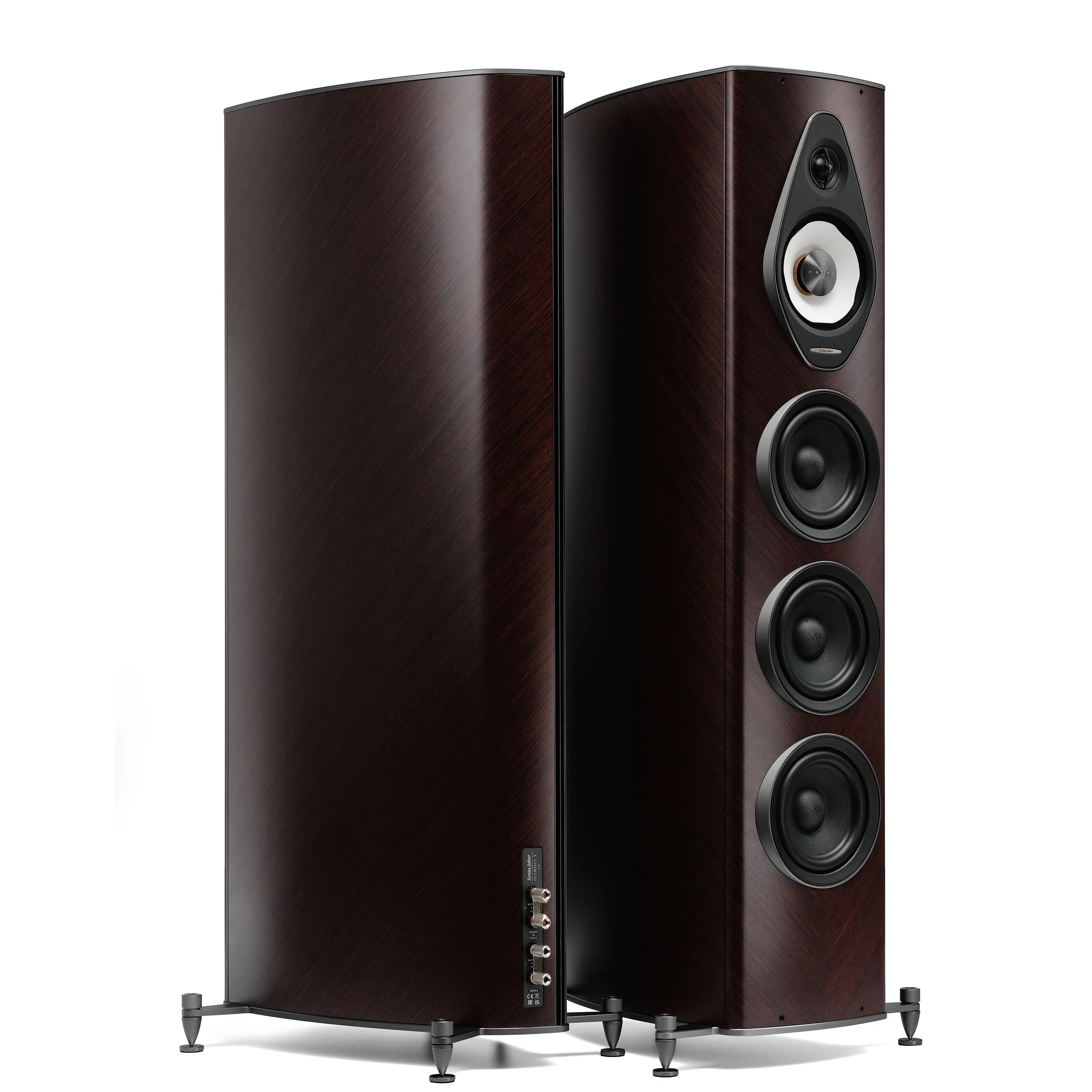 Front and back view of the Sonus faber Olympica V G3 floorstanding speaker in wenge.