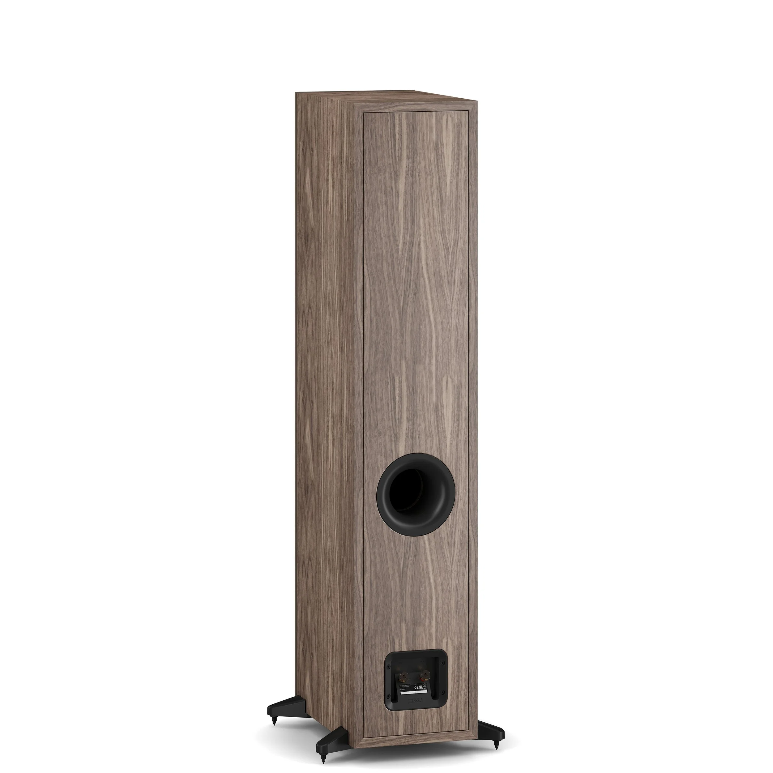 Back view of DALI Sonik 7 floorstanding speaker showing gold binding post connectors and rear port.
