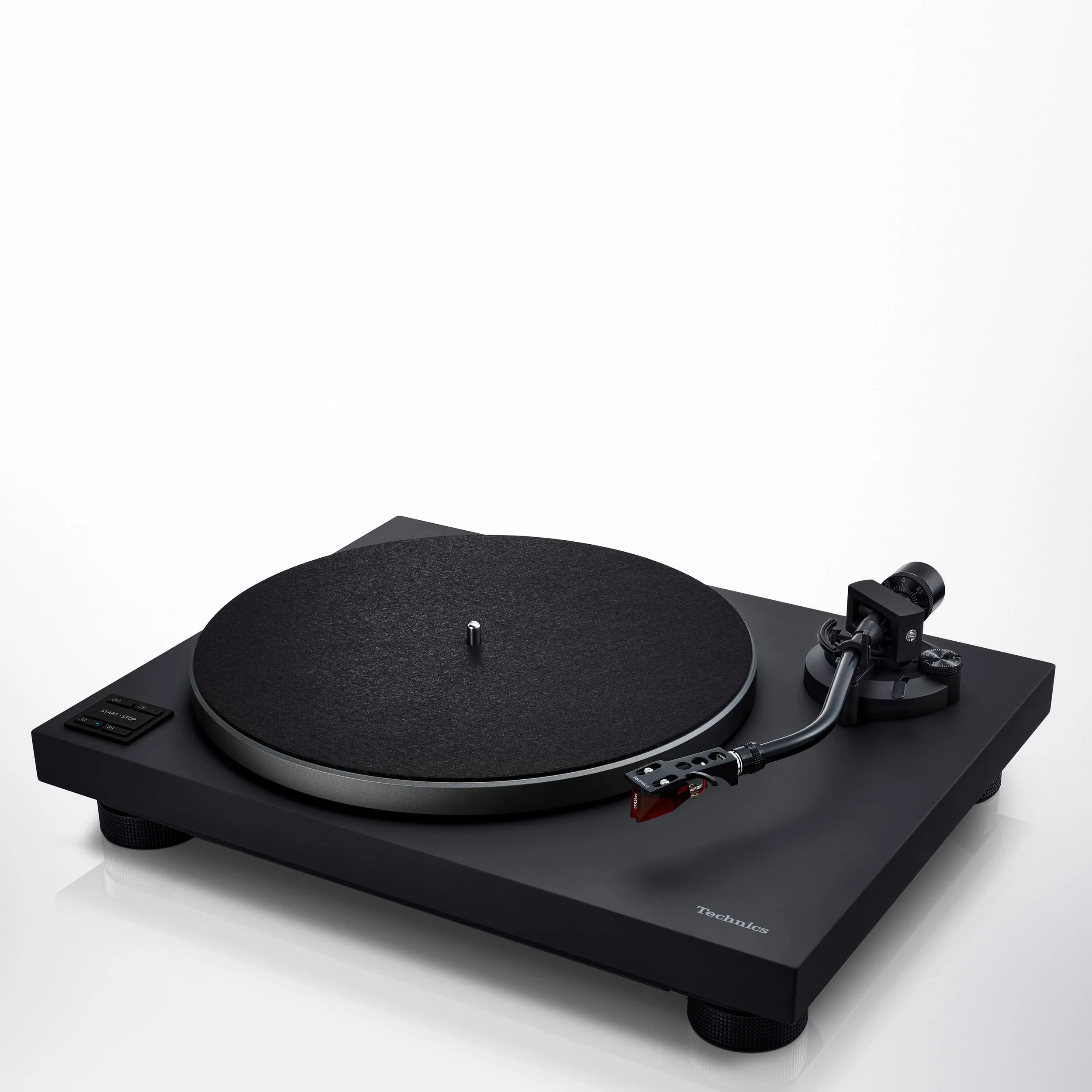 Angled view of the Technics SL-50C direct drive turntable shown in black.