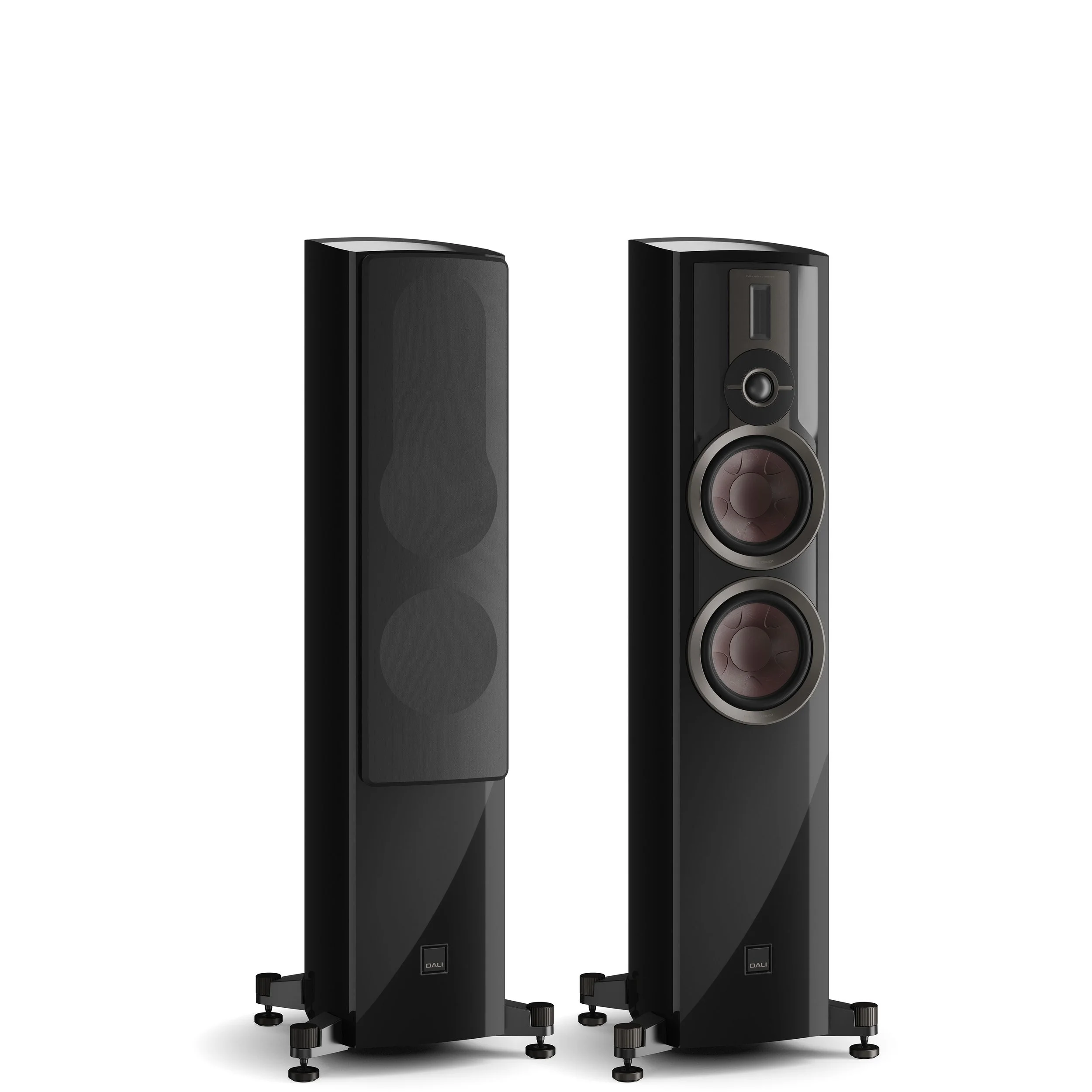 DALI Epikore 7 floorstanding speakers shown in high gloss black.