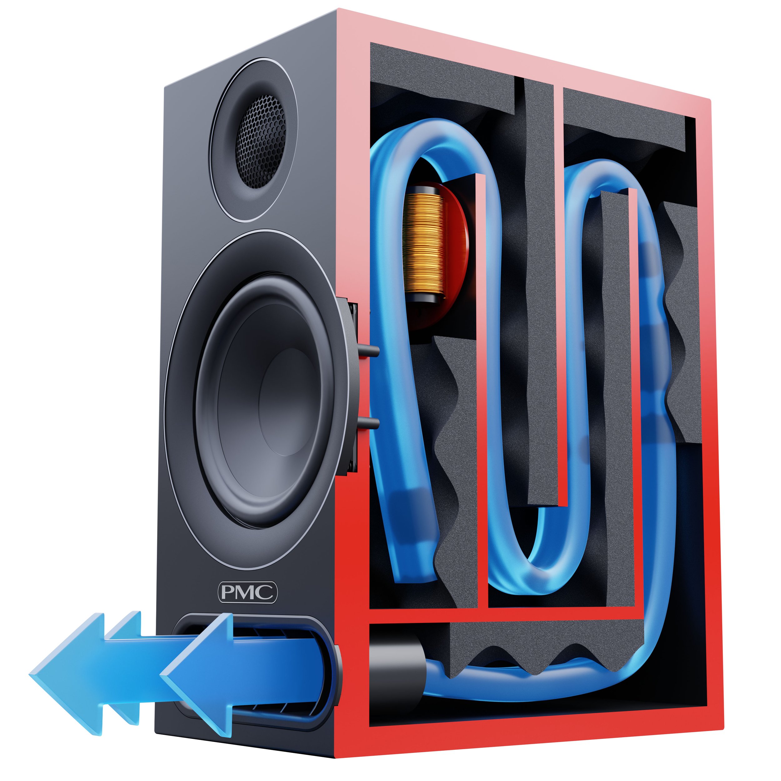 Cutaway diagram showing the Advanced Transmission Line bass loading in the PMC prodigy1 bookshelf speaker.