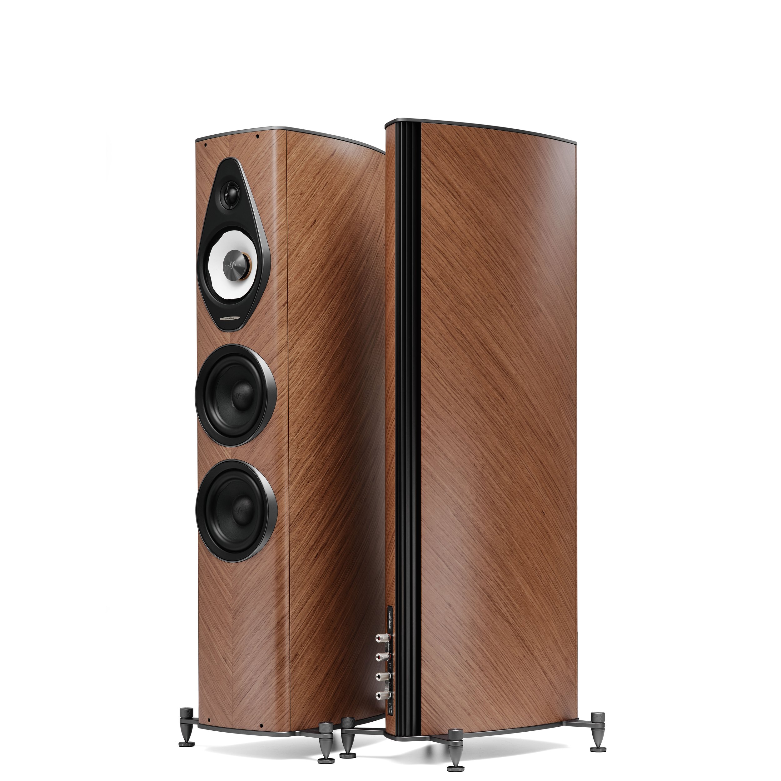 Front and back view of the Sonus faber Olympica III G3 in walnut.