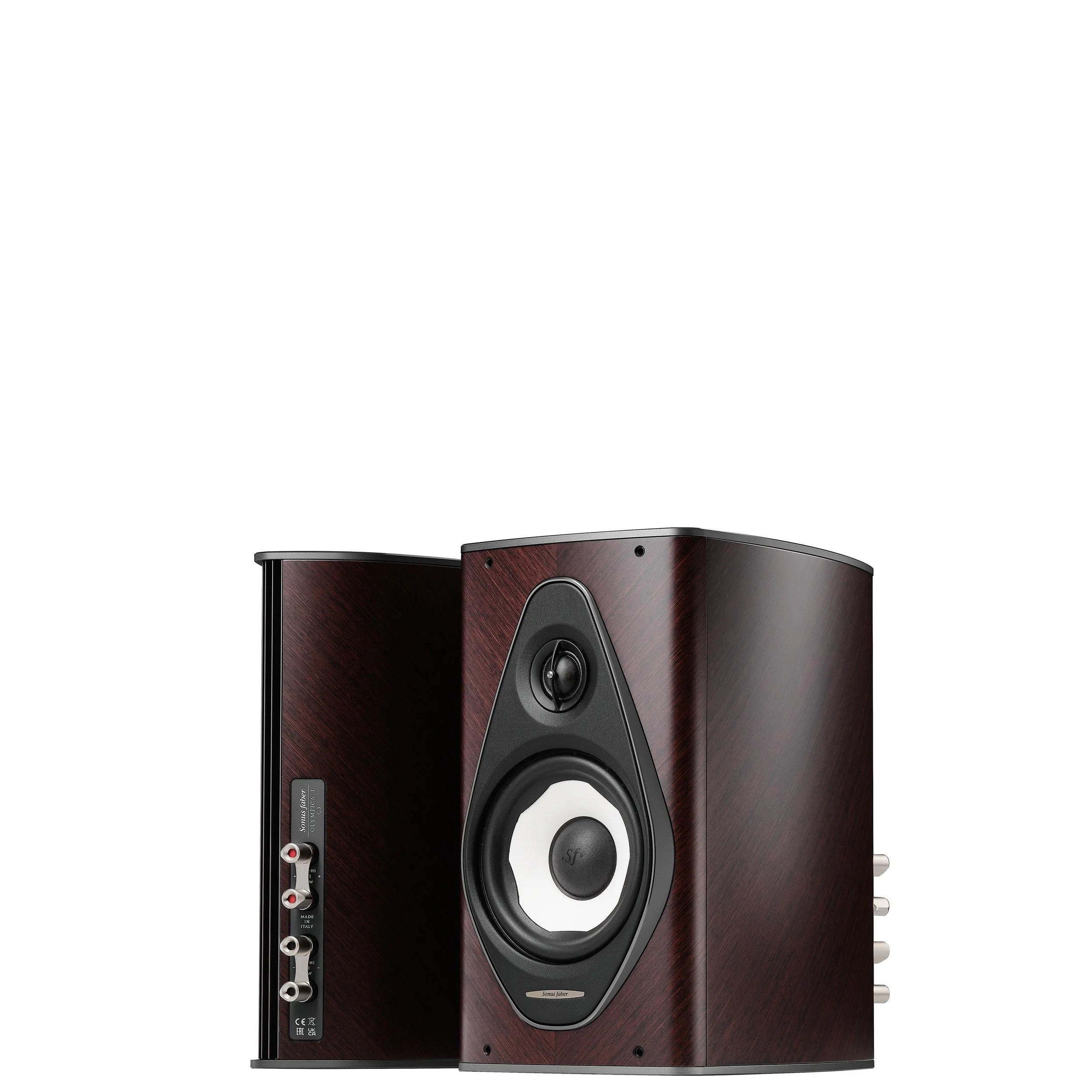 Front and back view of a pair of Sonus faber Olympica I G3 speakers in wenge.