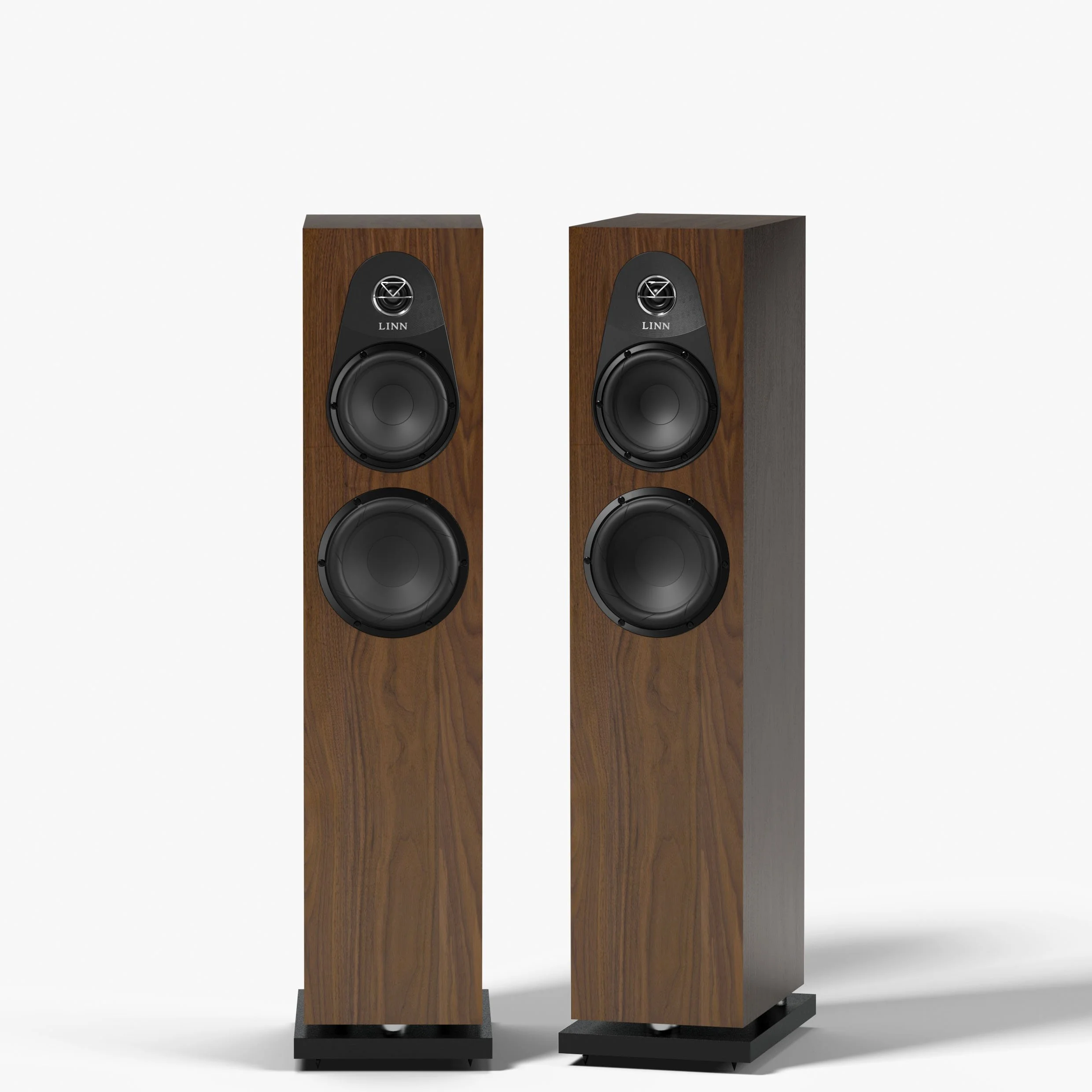 Linn 150 floorstanding speakers shown in walnut.