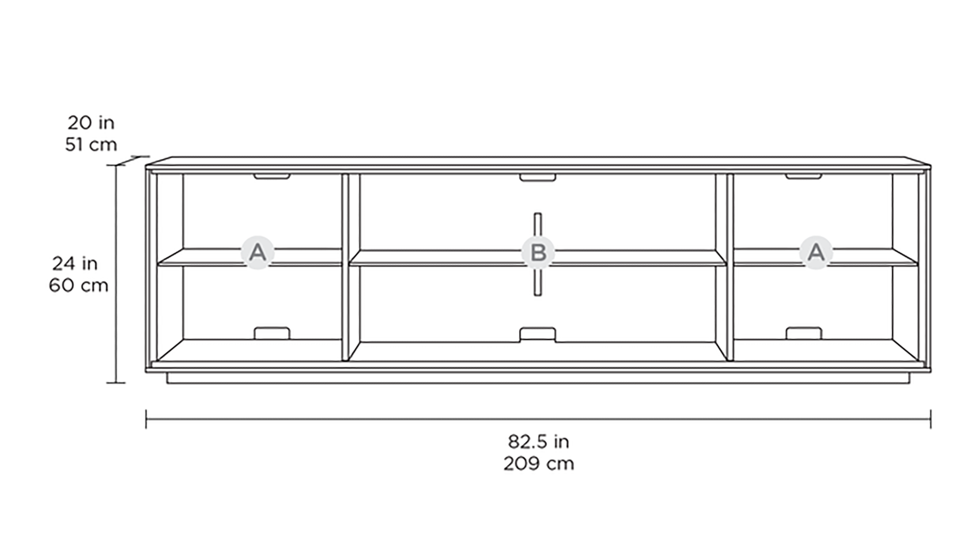 Graphic  showing measurements of the BDI Elements 8703 series of media cabinets.