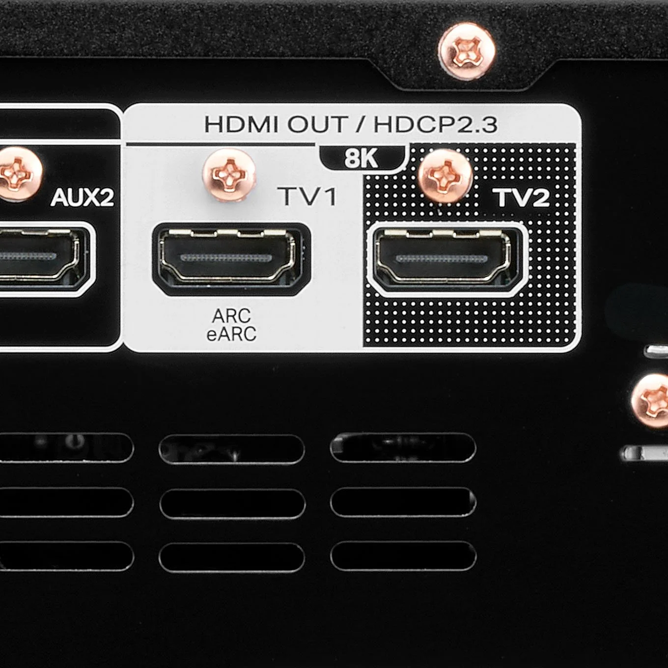 Close-up detail of the 8K HDMI video connections on Marantz AV surround sound receivers.