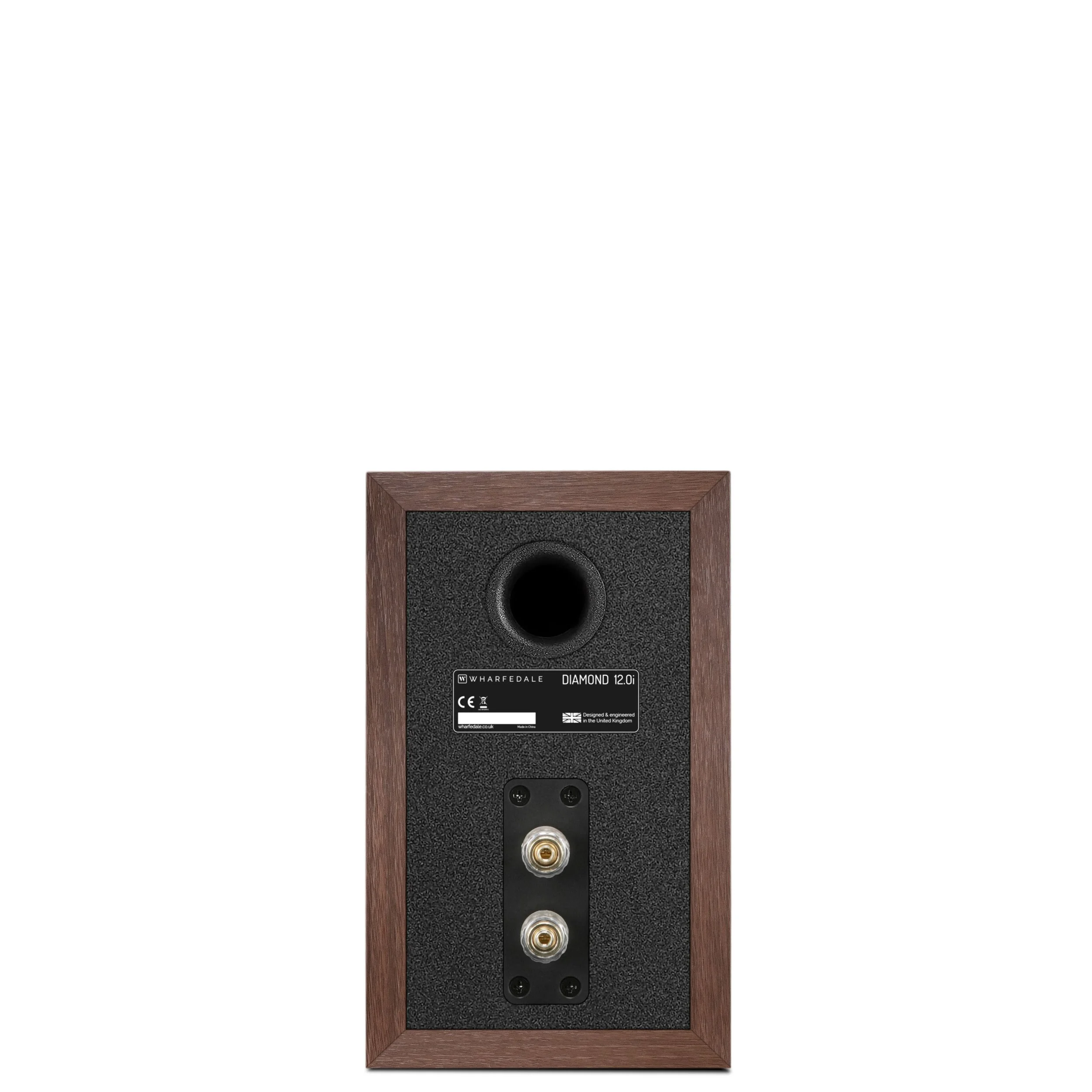 Back view of the Wharfedale Diamond 12.0i bookshelf speaker showing rear port and binding post connectors.