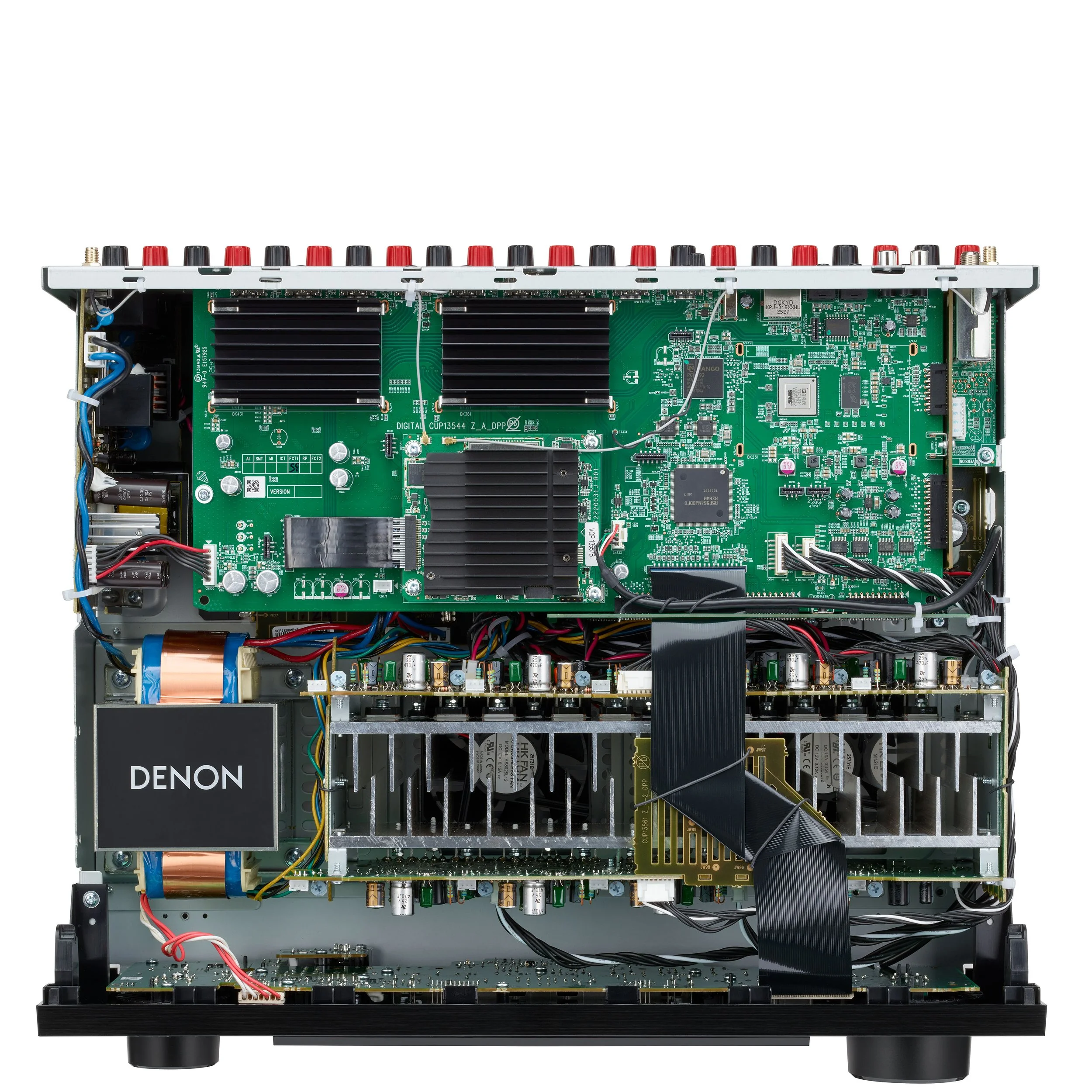 Inside view of the Denon AVR-X3900H AV surround receiver.