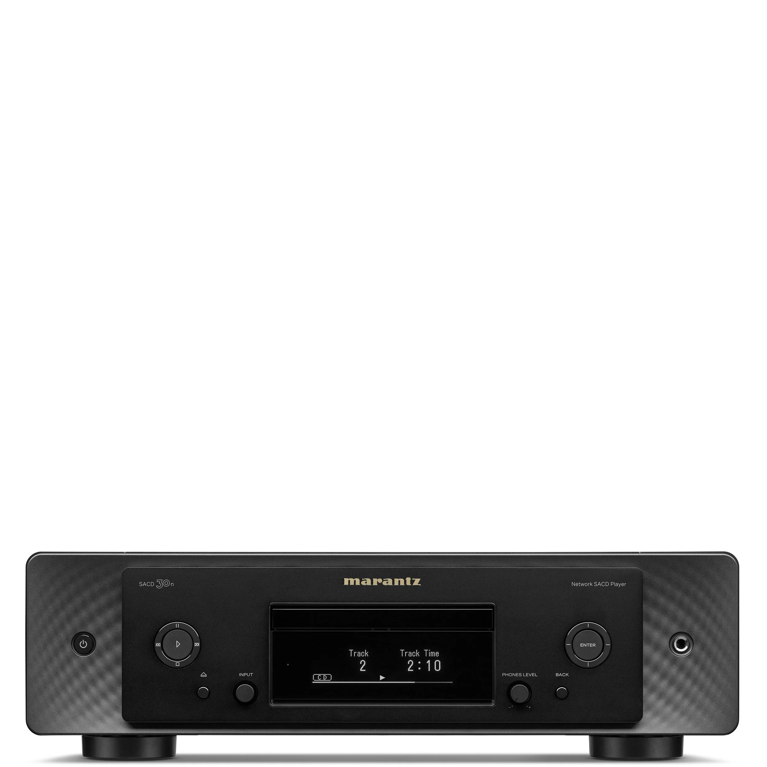 Front view of the Marantz SACD 30n streaming SACD and CD player in black.