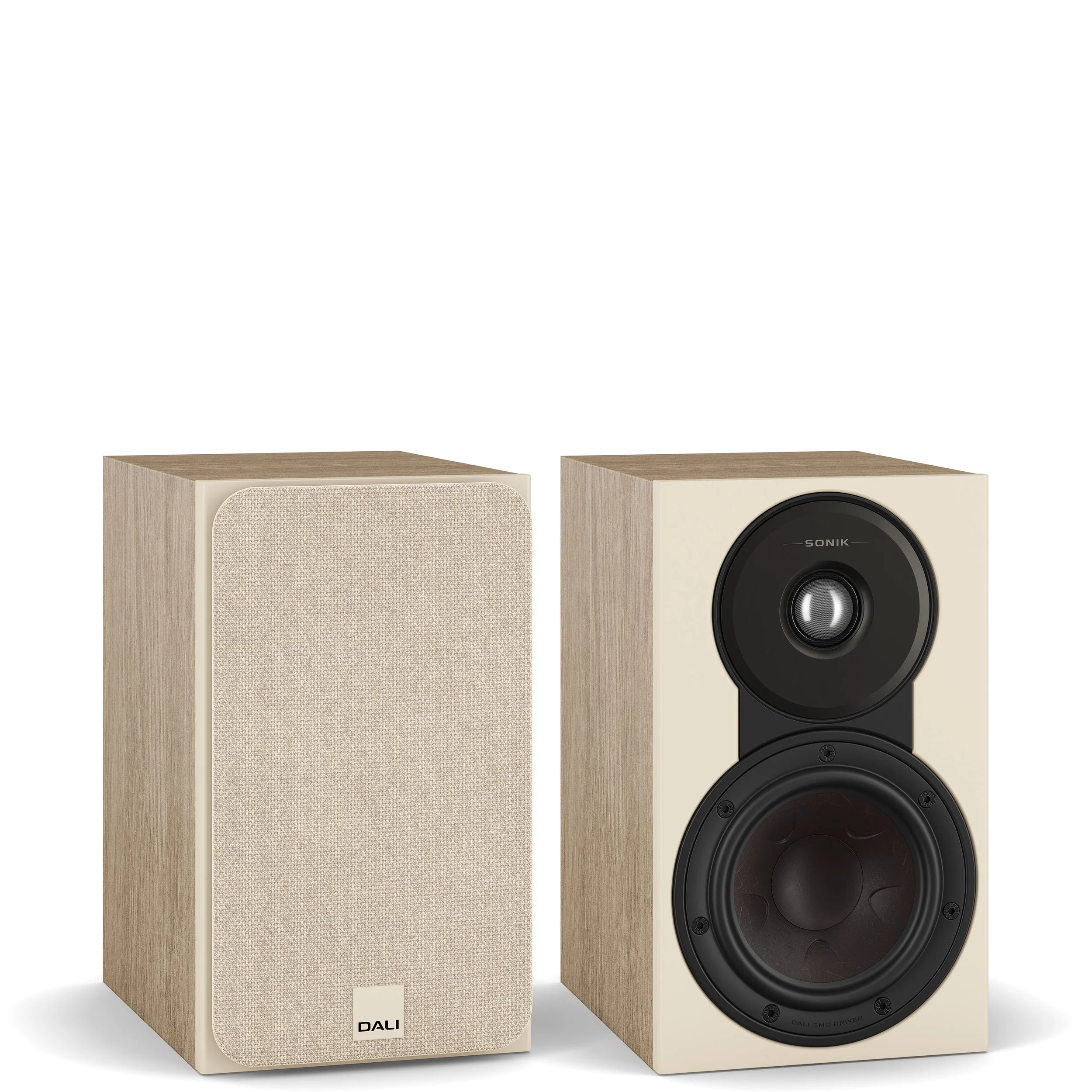 DALI Sonik 1 bookshelf speakers shown in natural oak.