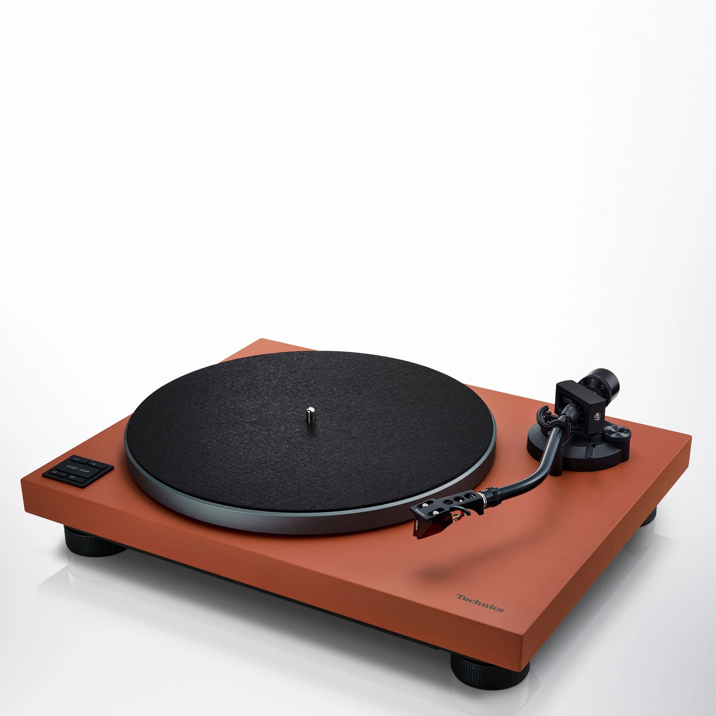 Angled view of the Technics SL-50C direct drive turntable shown in terracotta brown.