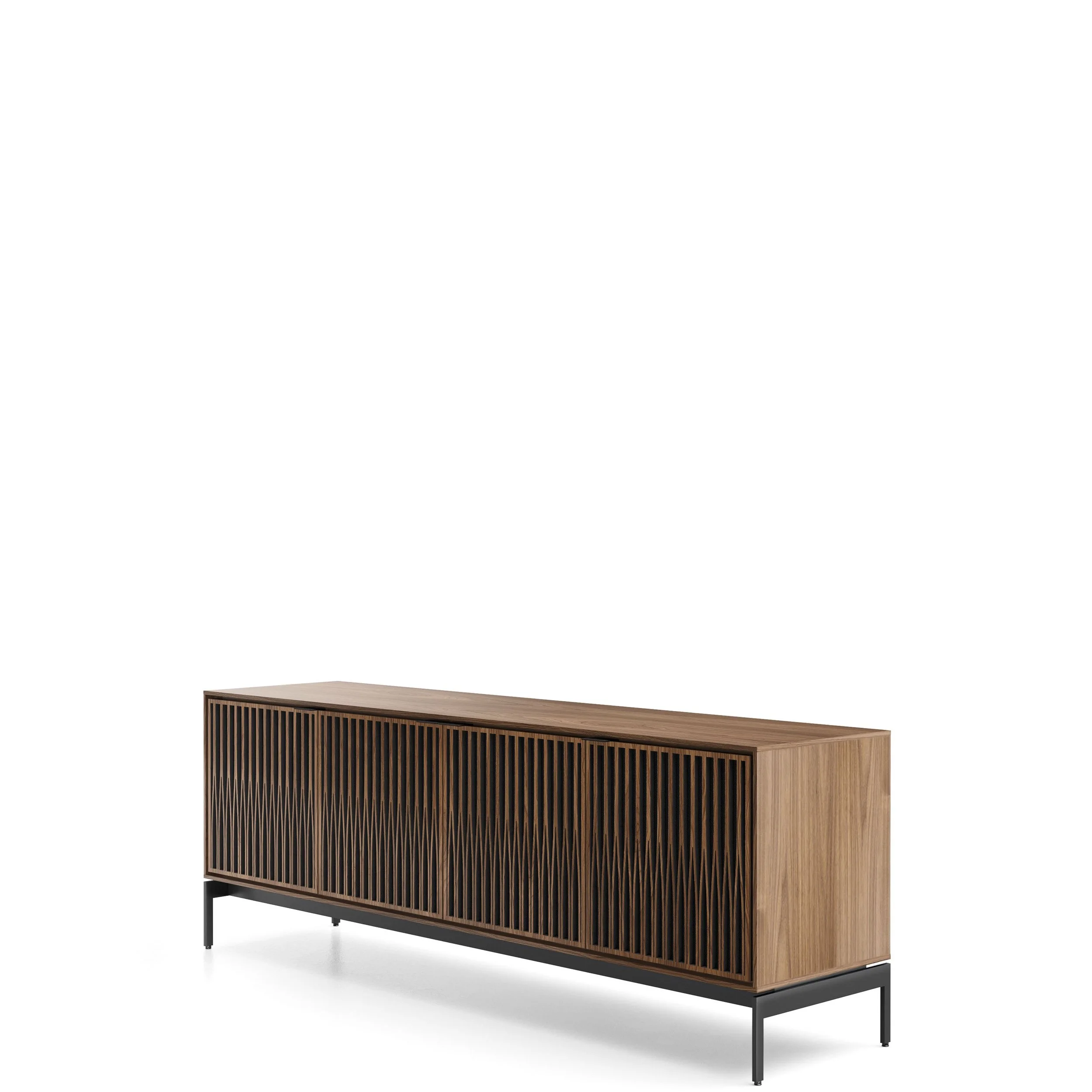 Angled view of the BDI Elements 8709-TU media console shown in natural walnut.
