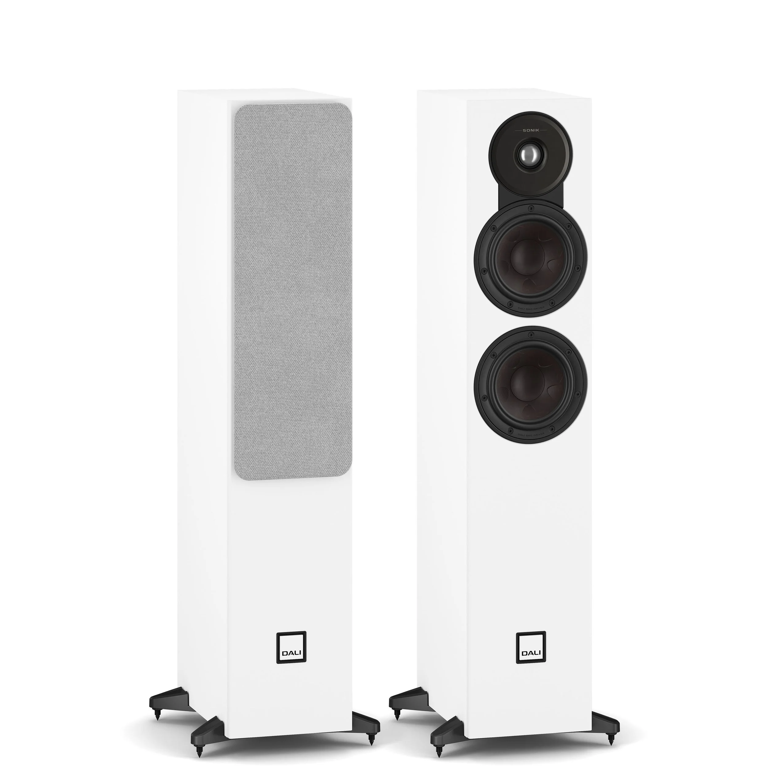 DALI Sonik 5 compact floorstanding speakers shown in white.
