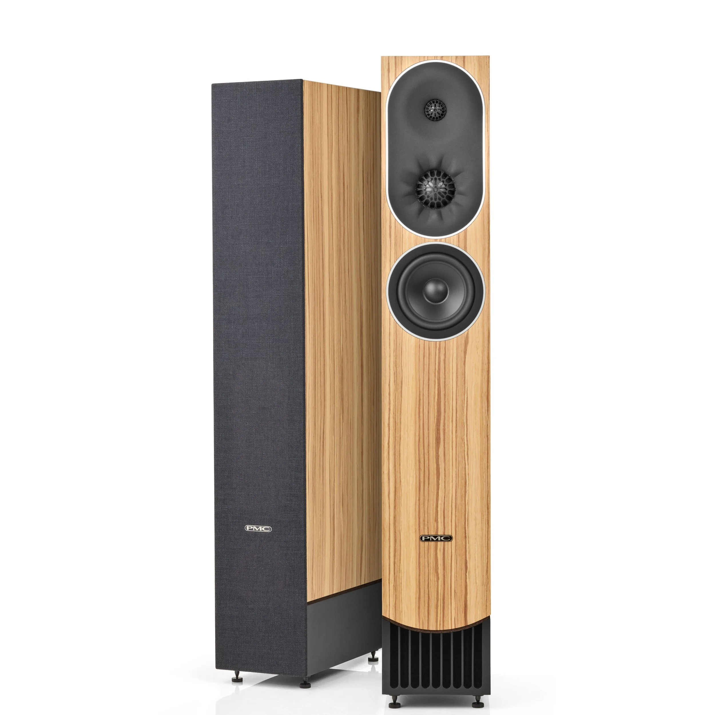PMC prophecy7 floorstanding speakers shown in the Mediterranean Oak finish.