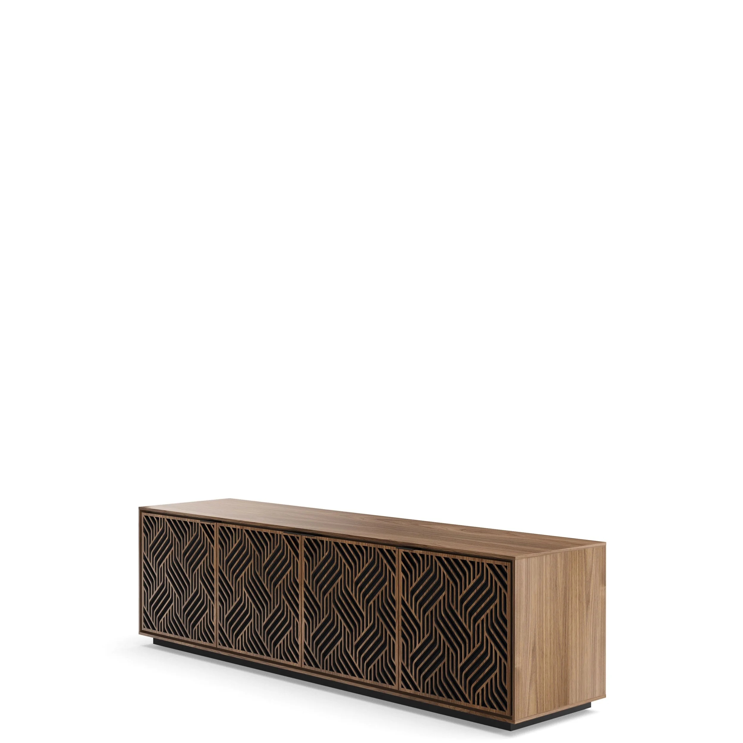 Angled view of the BDI Elements 8703-WE media cabinet in natural walnut.