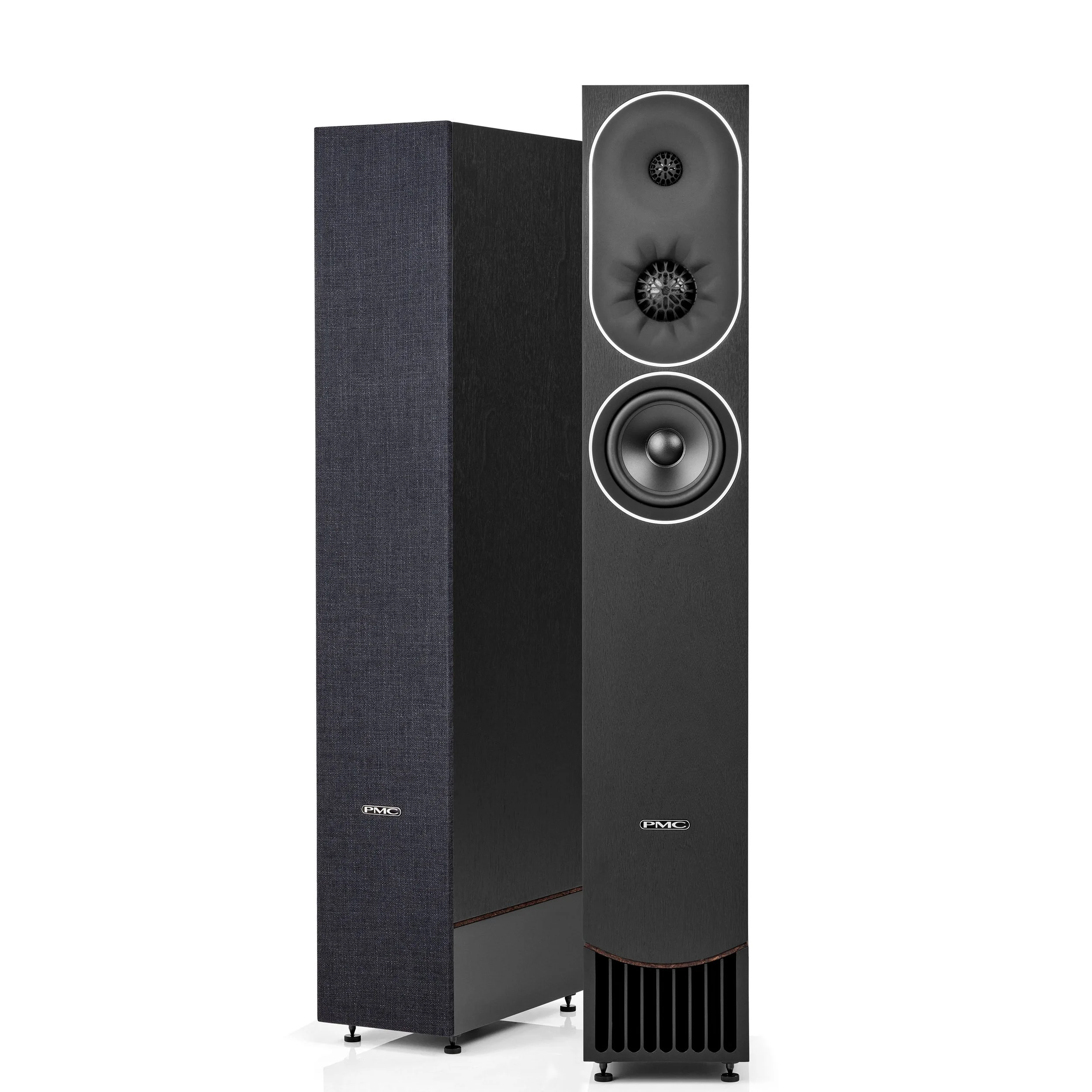 PMC prophecy7 floorstanding speakers shown in the Blackened Walnut finish.