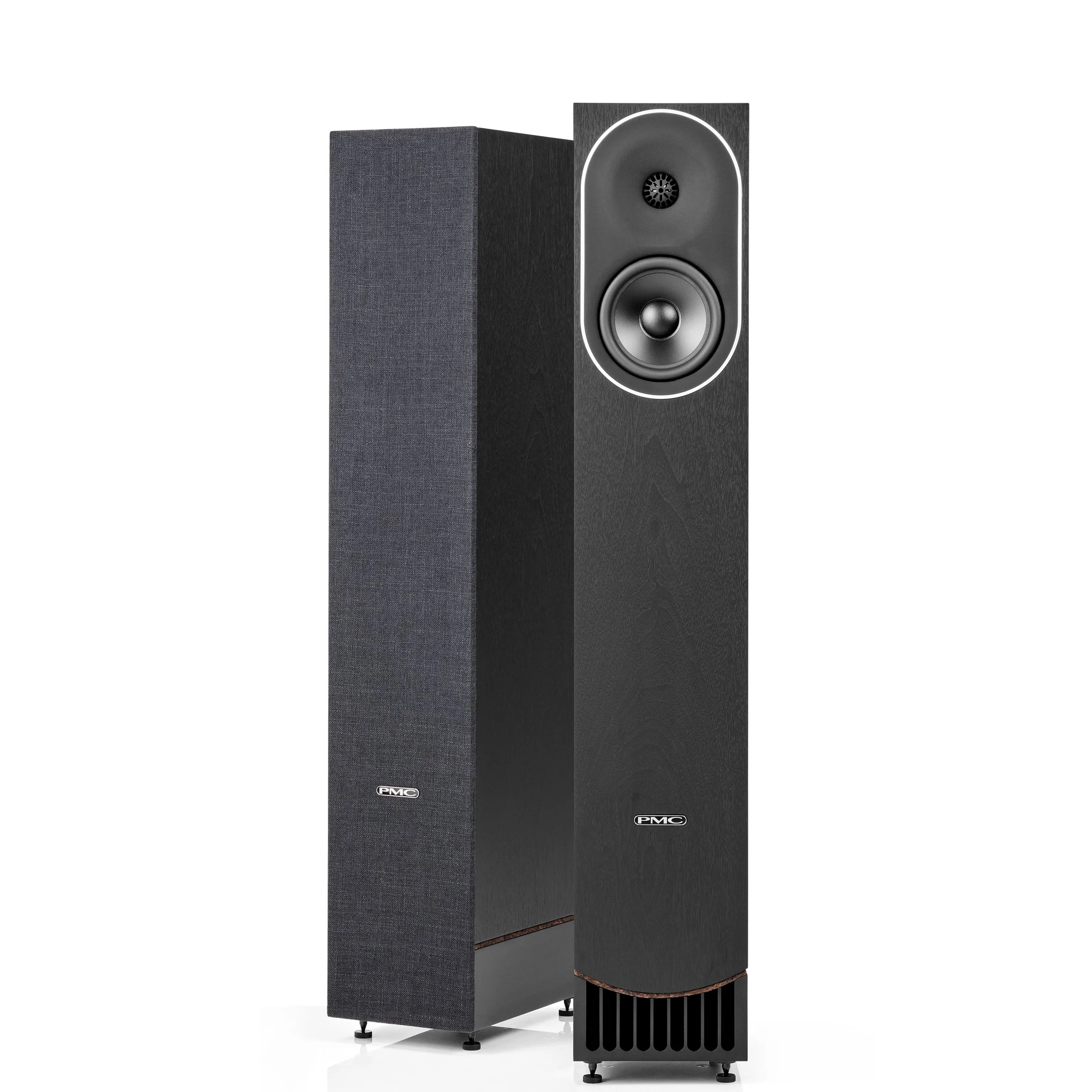 PMC prophecy5 floorstanding speakers shown in the Blackened Walnut finish.
