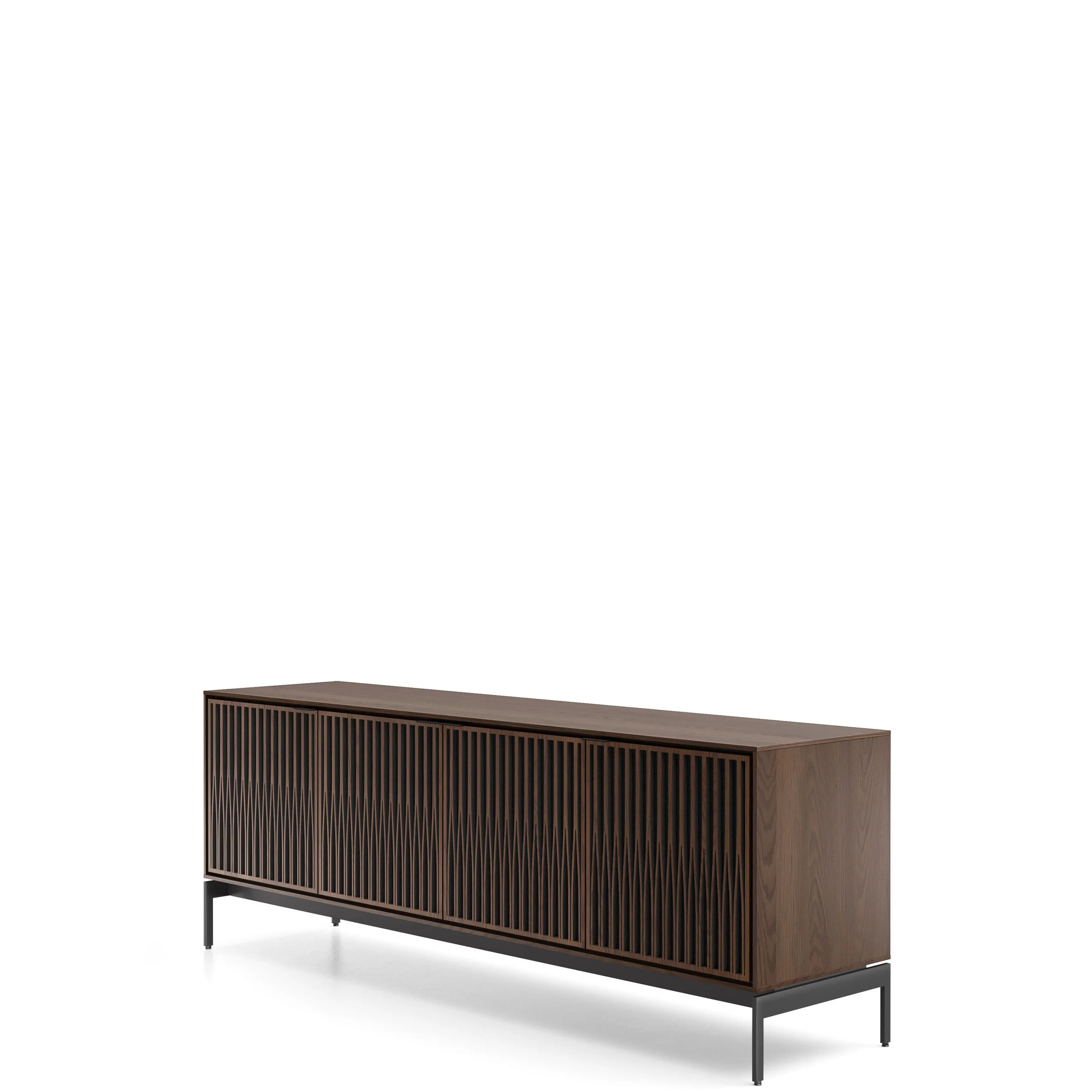 Angled view of the BDI Elements 8709-TU media console shown in toasted oak.