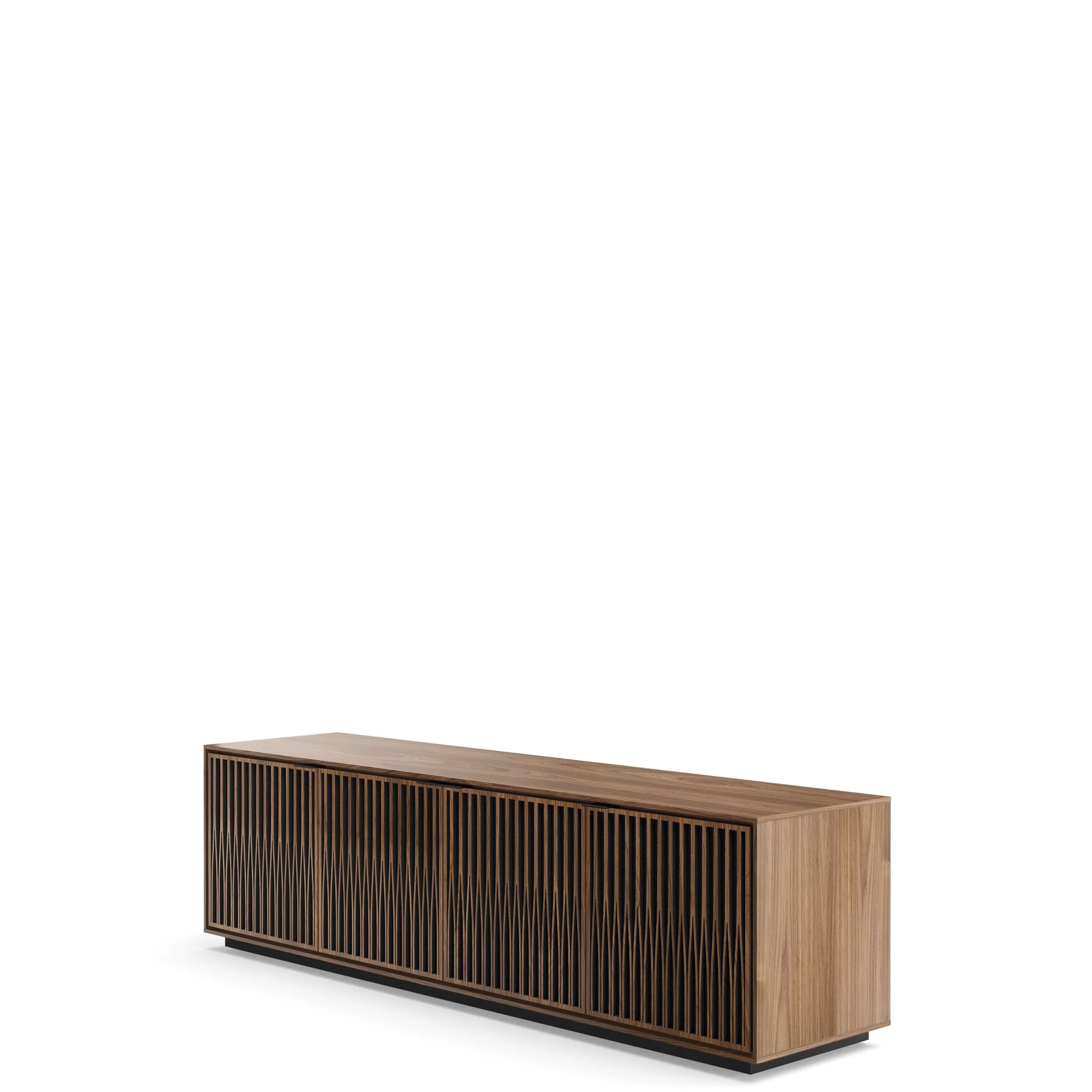 Angled view of the BDI Elements 8703-TU media cabinet shown in natural walnut.
