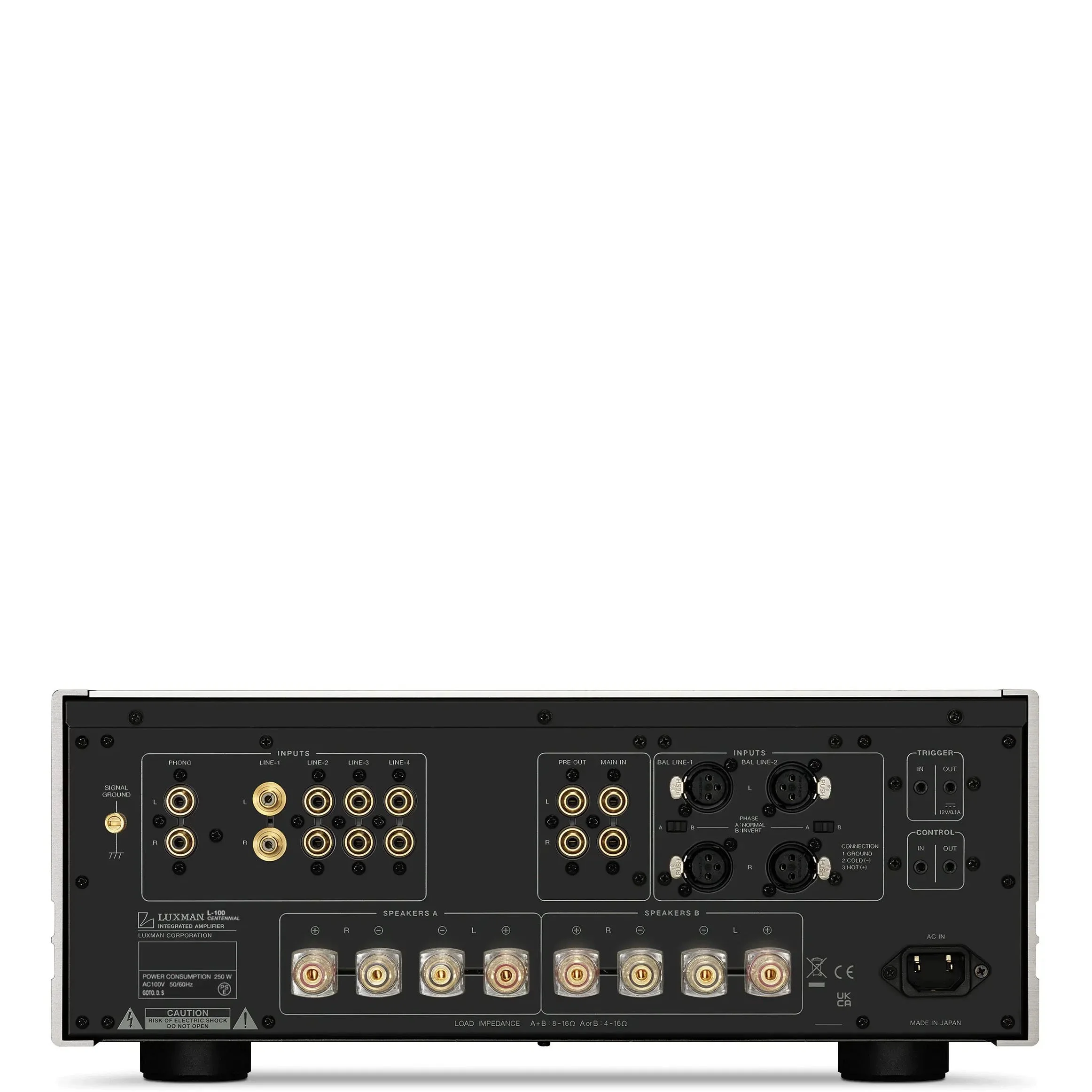 Back panel view of the Luxman L-100 Centennial showing analog, XLR, and speaker connections.