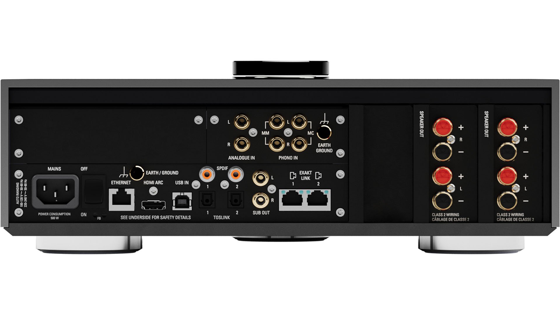 Back view of the Linn Selekt DSM Hub shown with two stereo power out cartridges installed.